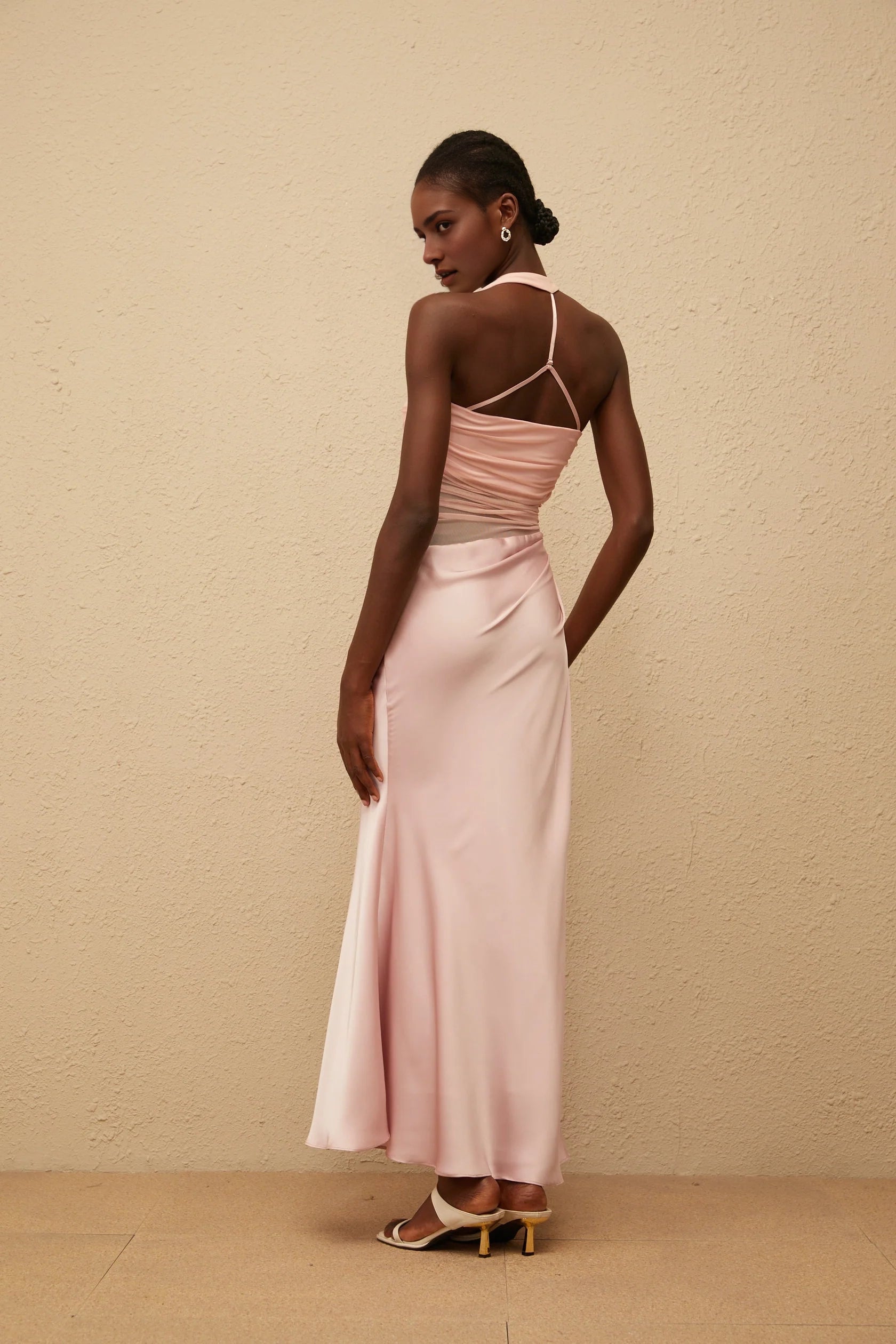 Peach Halter Neck Satin Maxi Dress with Mesh Waist Detail Taina Pink Mesh Panel Ruched Maxi Dress