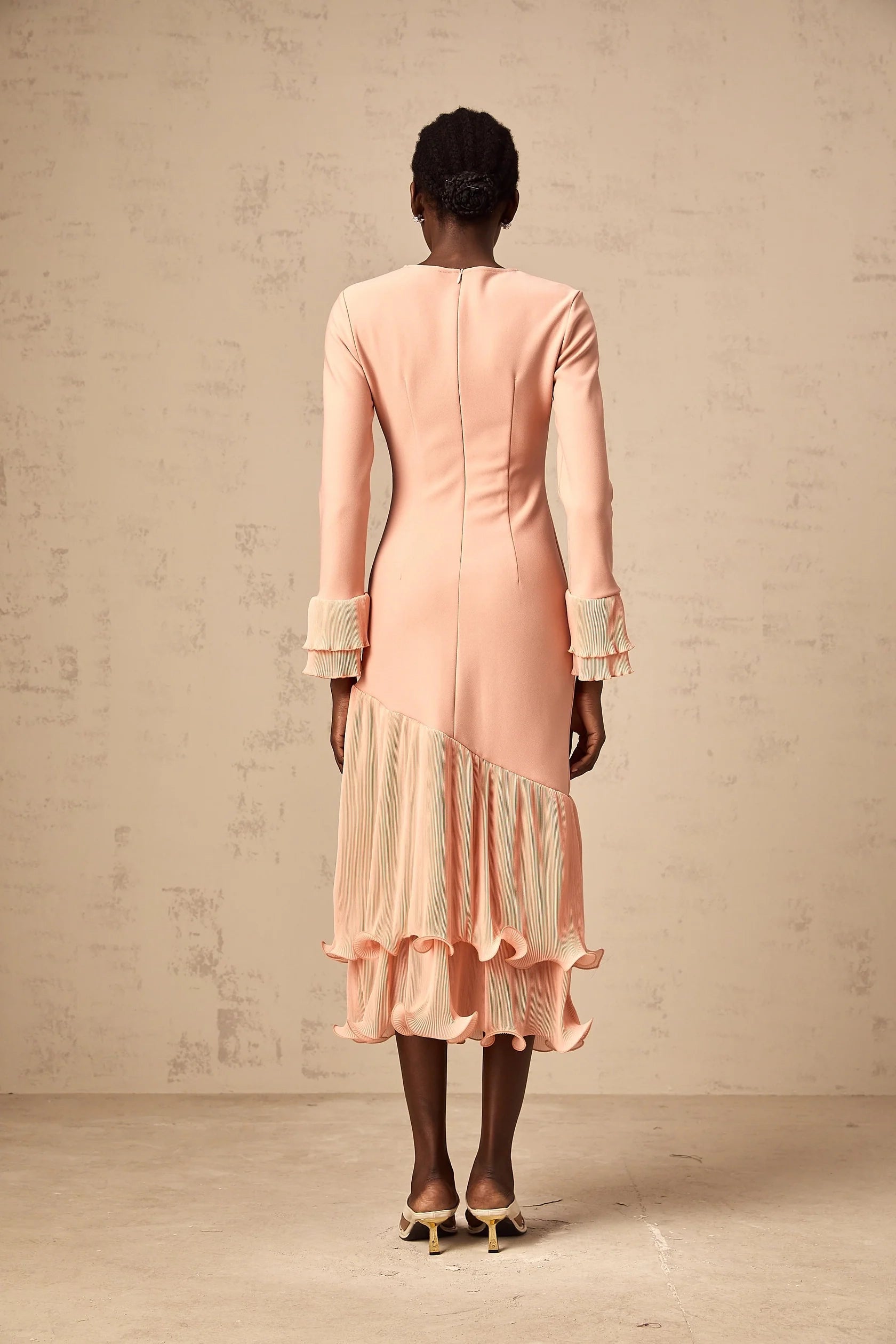 Peach Long Sleeve Midi Dress with Ruffled Hem ruffled-trim panelled midi dress in Pink Evening Dress