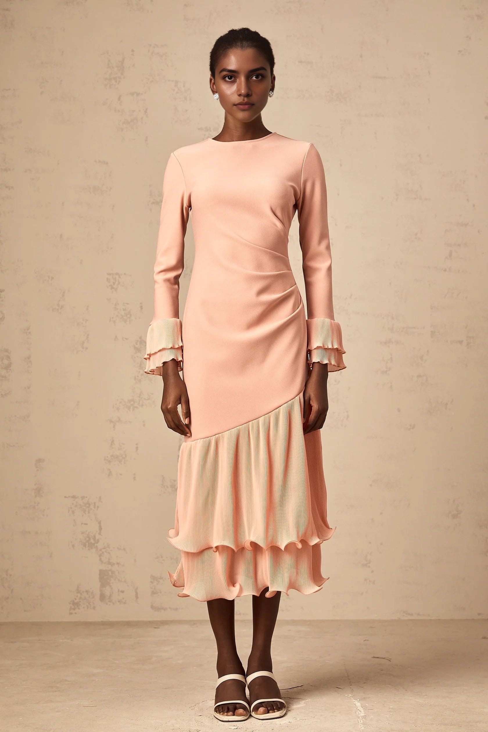 Peach Long Sleeve Midi Dress with Ruffled Hem ruffled-trim panelled midi dress in Pink Evening Dress