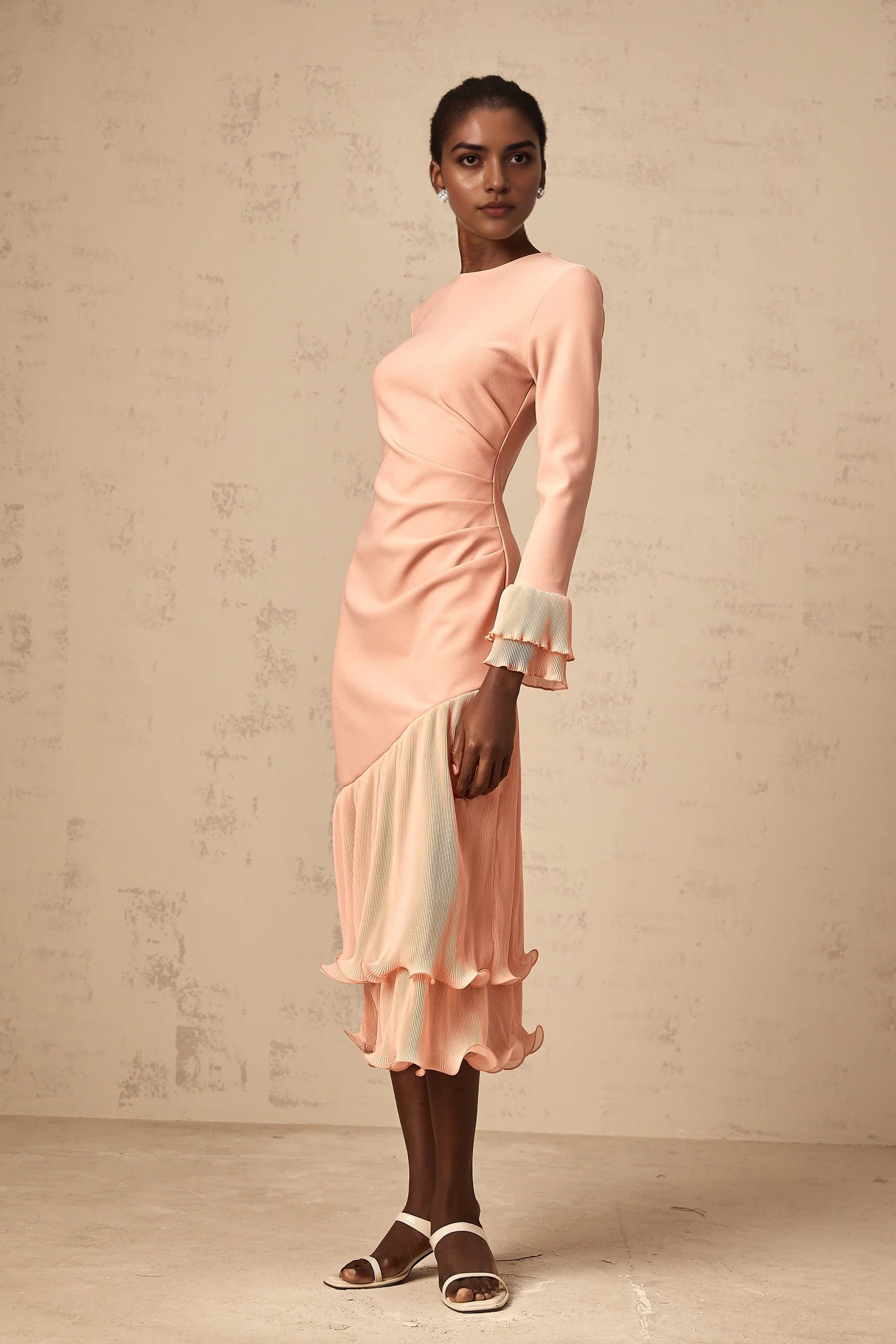 Peach Long Sleeve Midi Dress with Ruffled Hem ruffled-trim panelled midi dress in Pink Evening Dress