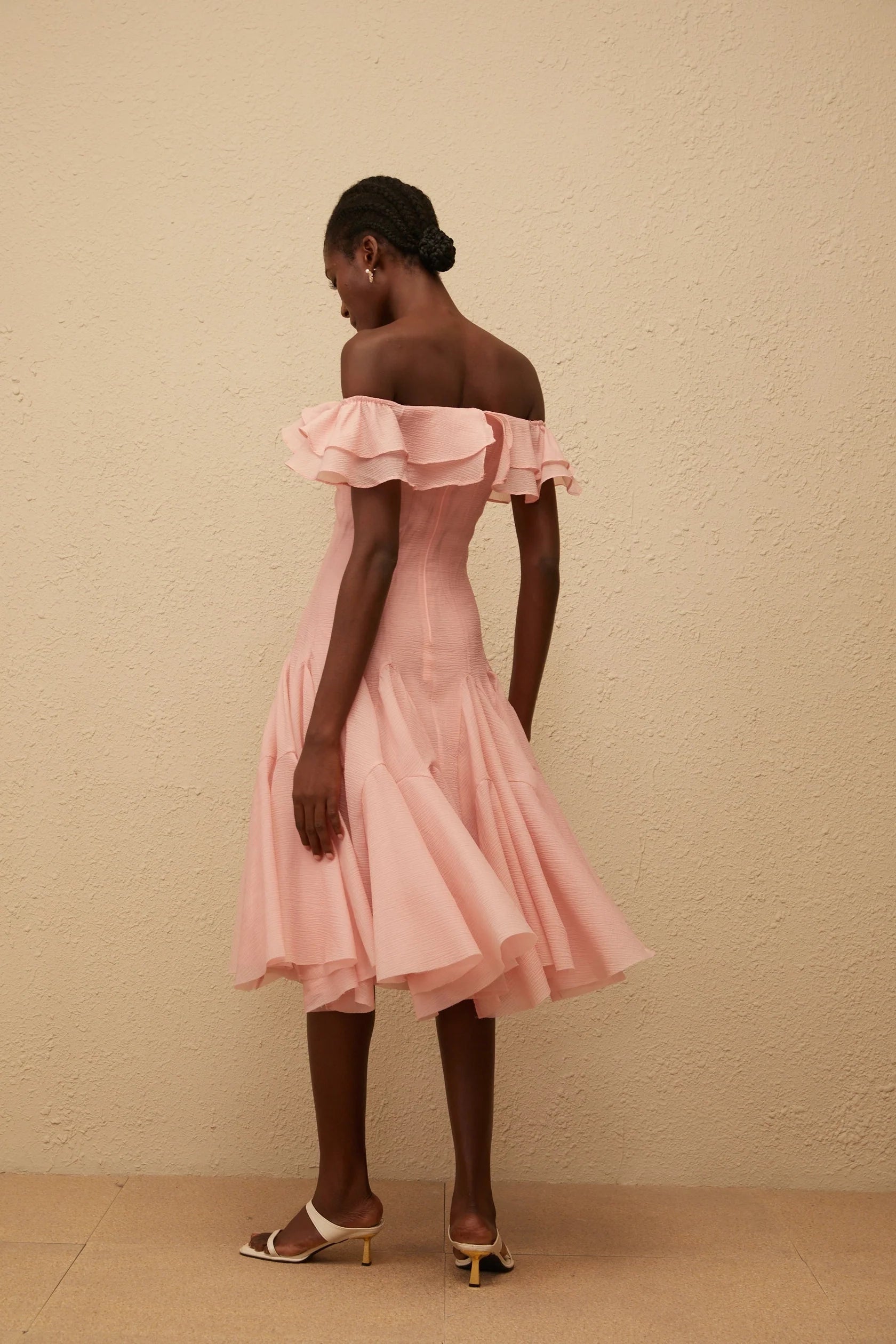 Peach Off - Shoulder Midi Dress with Ruffled Neckline Margarita Pink Ruffled Midi Dress Evening Dress