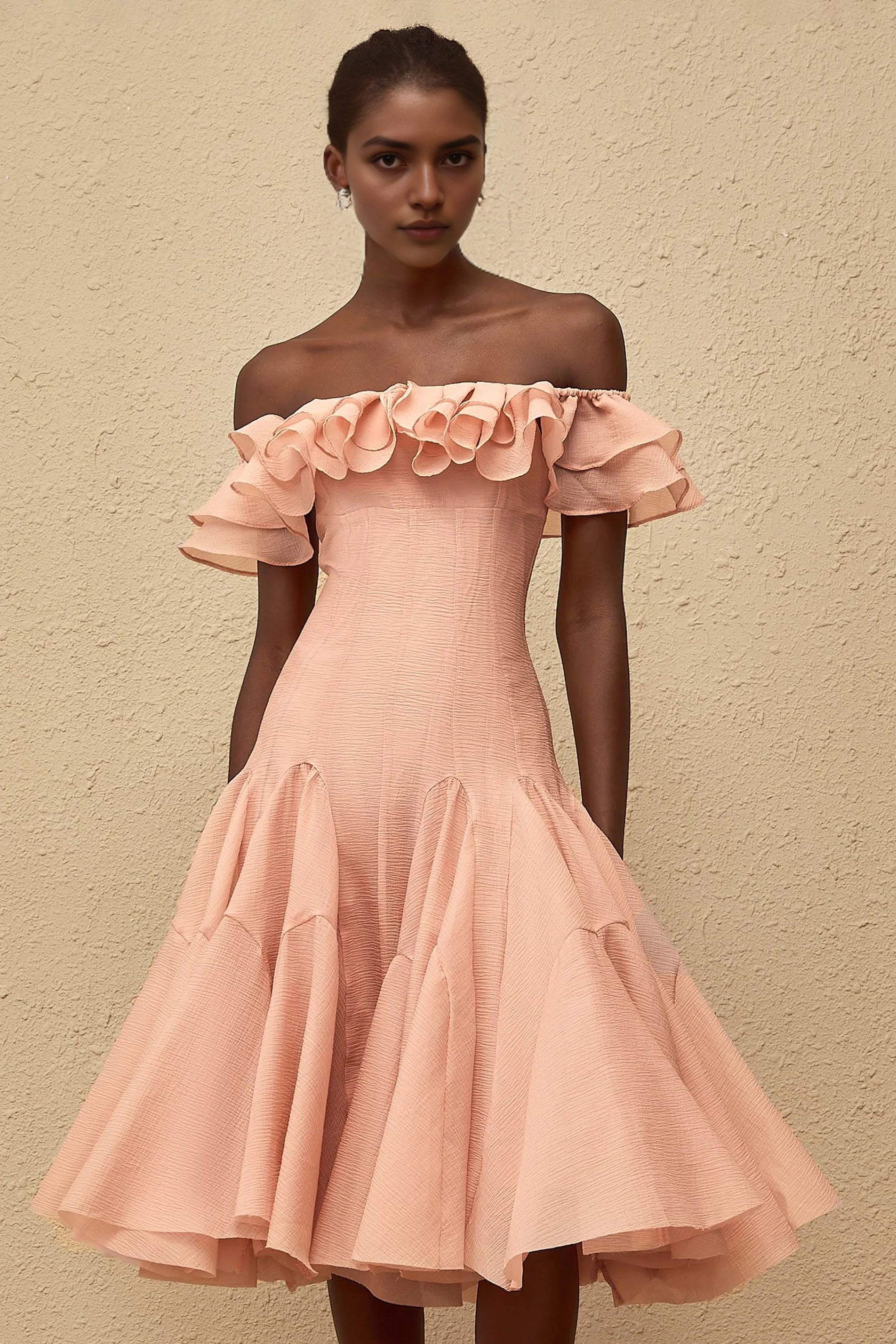 Peach Off - Shoulder Midi Dress with Ruffled Neckline Margarita Pink Ruffled Midi Dress Evening Dress