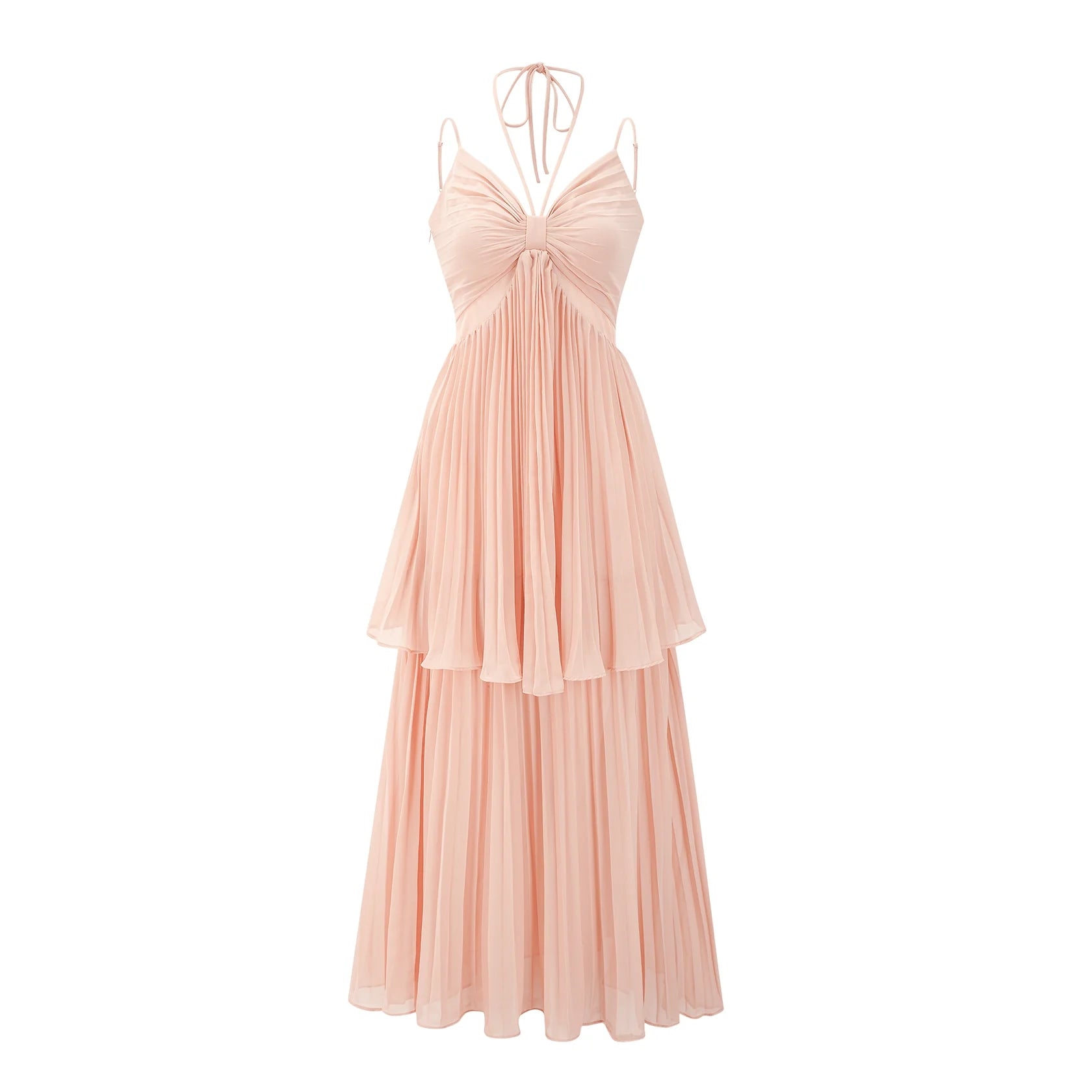 Peach Pleated Halter Neck Midi Dress Olympe pink pleated tiered midi dress Evening Dress