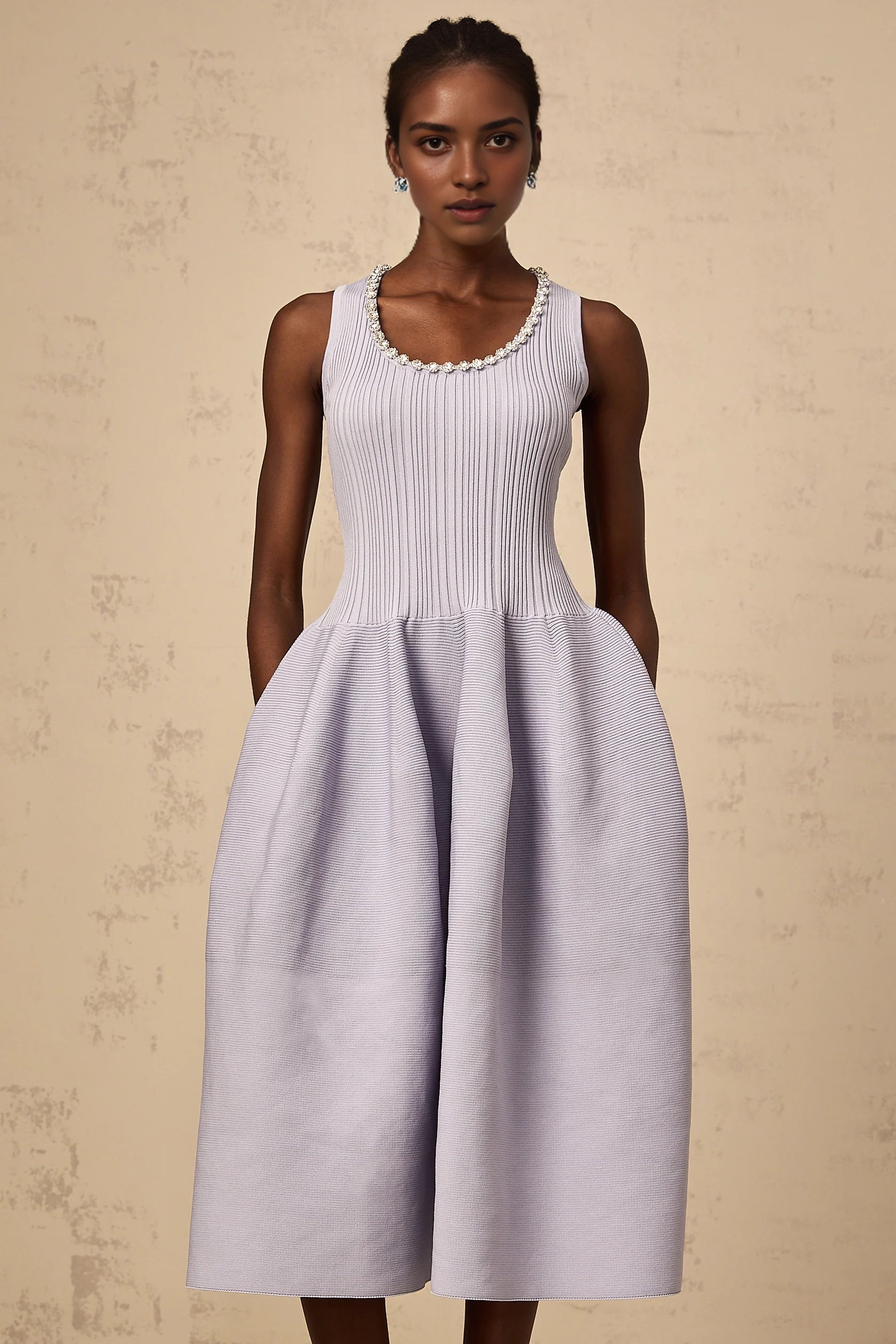 Peach Pleated Halter Neck Midi Dress purple embellished ribbed-knit midi dress Evening Dress