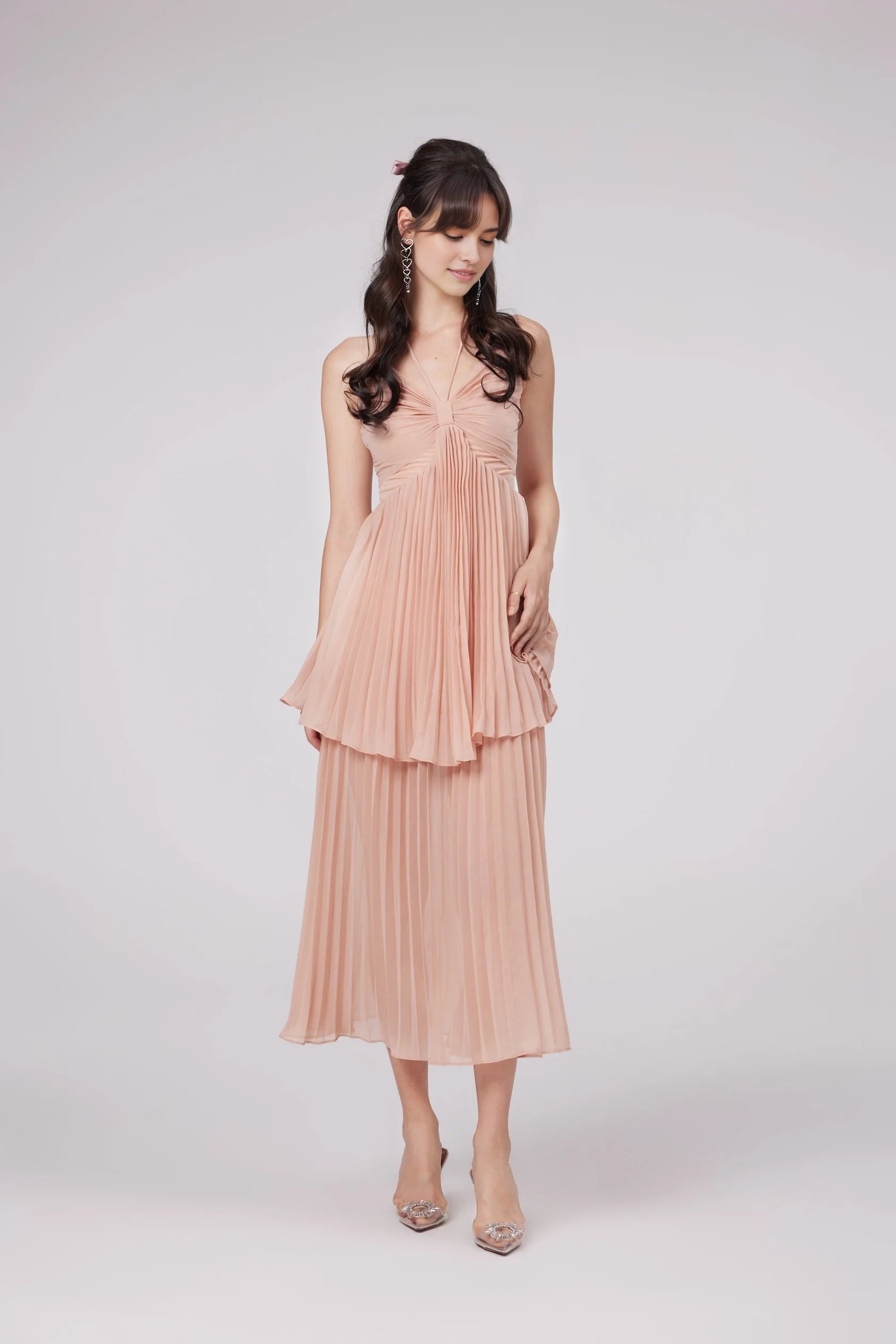 Peach Pleated Halter Neck Midi Dress Olympe pink pleated tiered midi dress Evening Dress