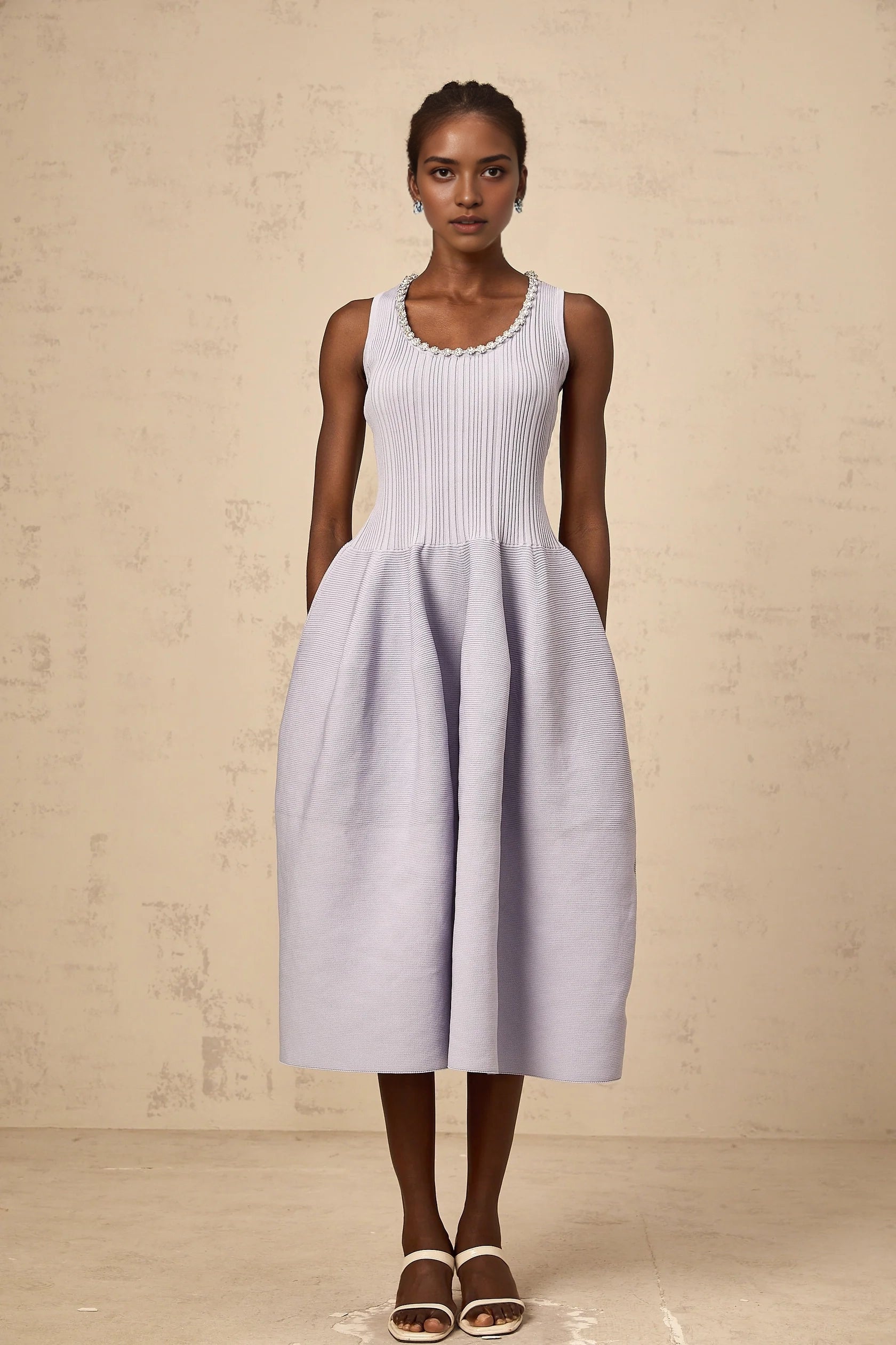 Peach Pleated Halter Neck Midi Dress purple embellished ribbed-knit midi dress Evening Dress