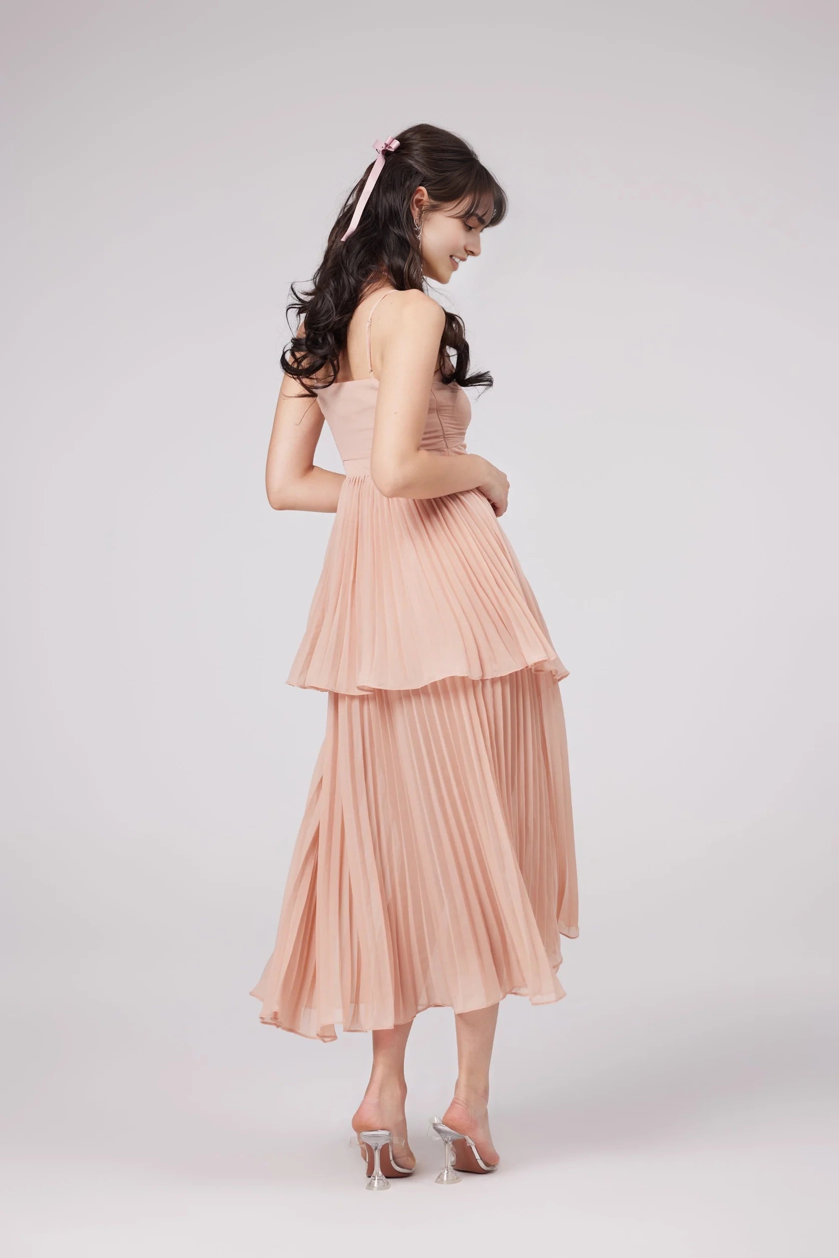 Peach Pleated Halter Neck Midi Dress Olympe pink pleated tiered midi dress Evening Dress