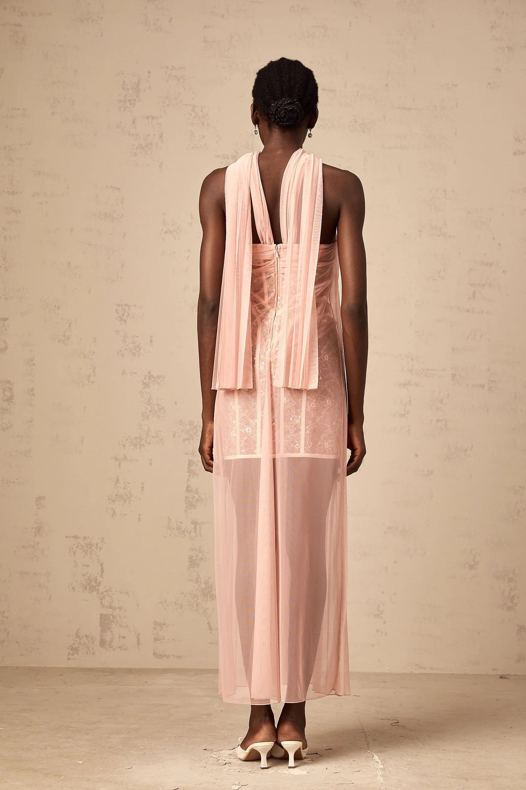 Peach Strapless Maxi Dress with Sheer Pleated Detail Monique ribbon-design pleated tulle maxi dress in Pink Evening Dress