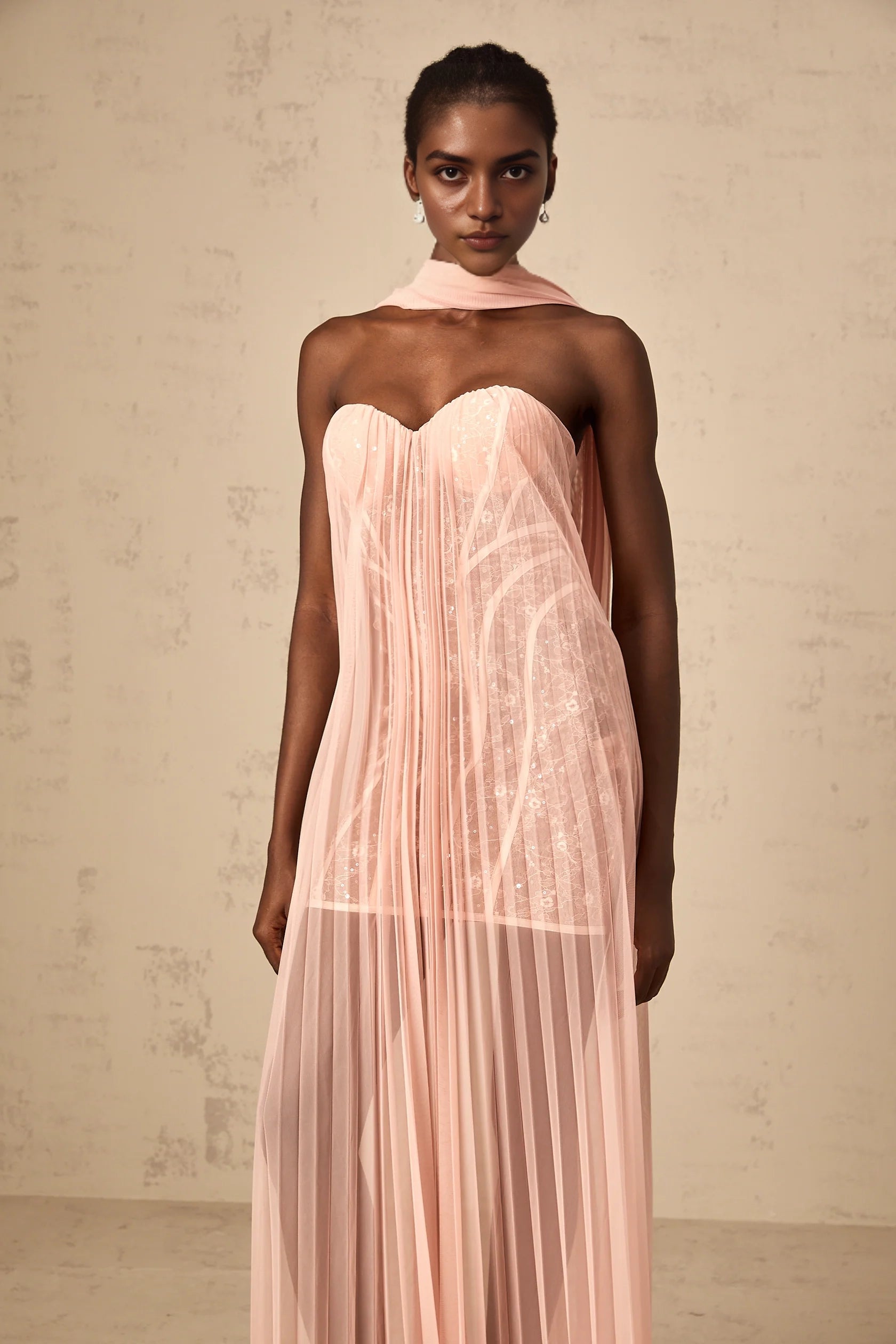 Peach Strapless Maxi Dress with Sheer Pleated Detail Monique ribbon-design pleated tulle maxi dress in Pink Evening Dress