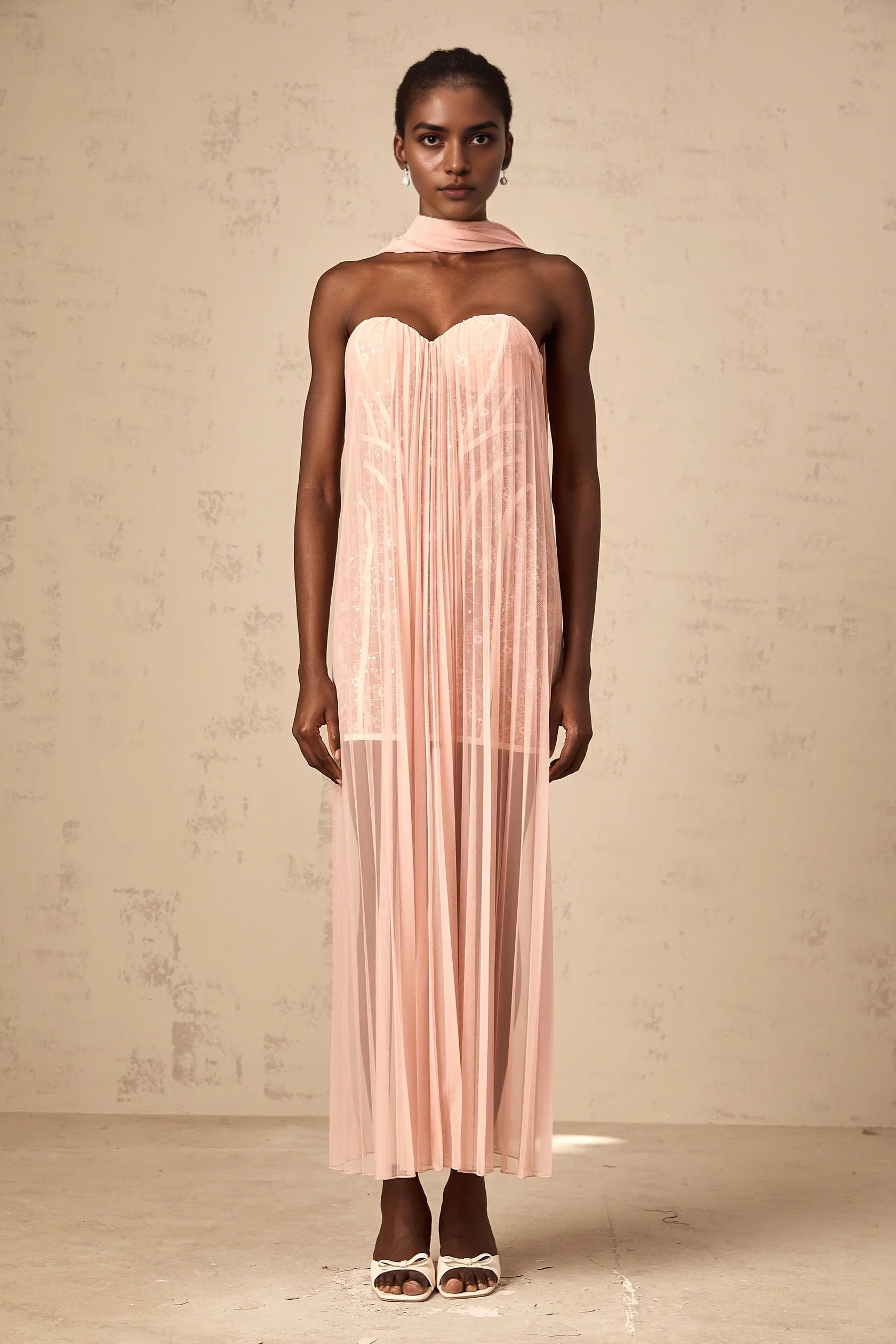 Peach Strapless Maxi Dress with Sheer Pleated Detail Monique ribbon-design pleated tulle maxi dress in Pink Evening Dress