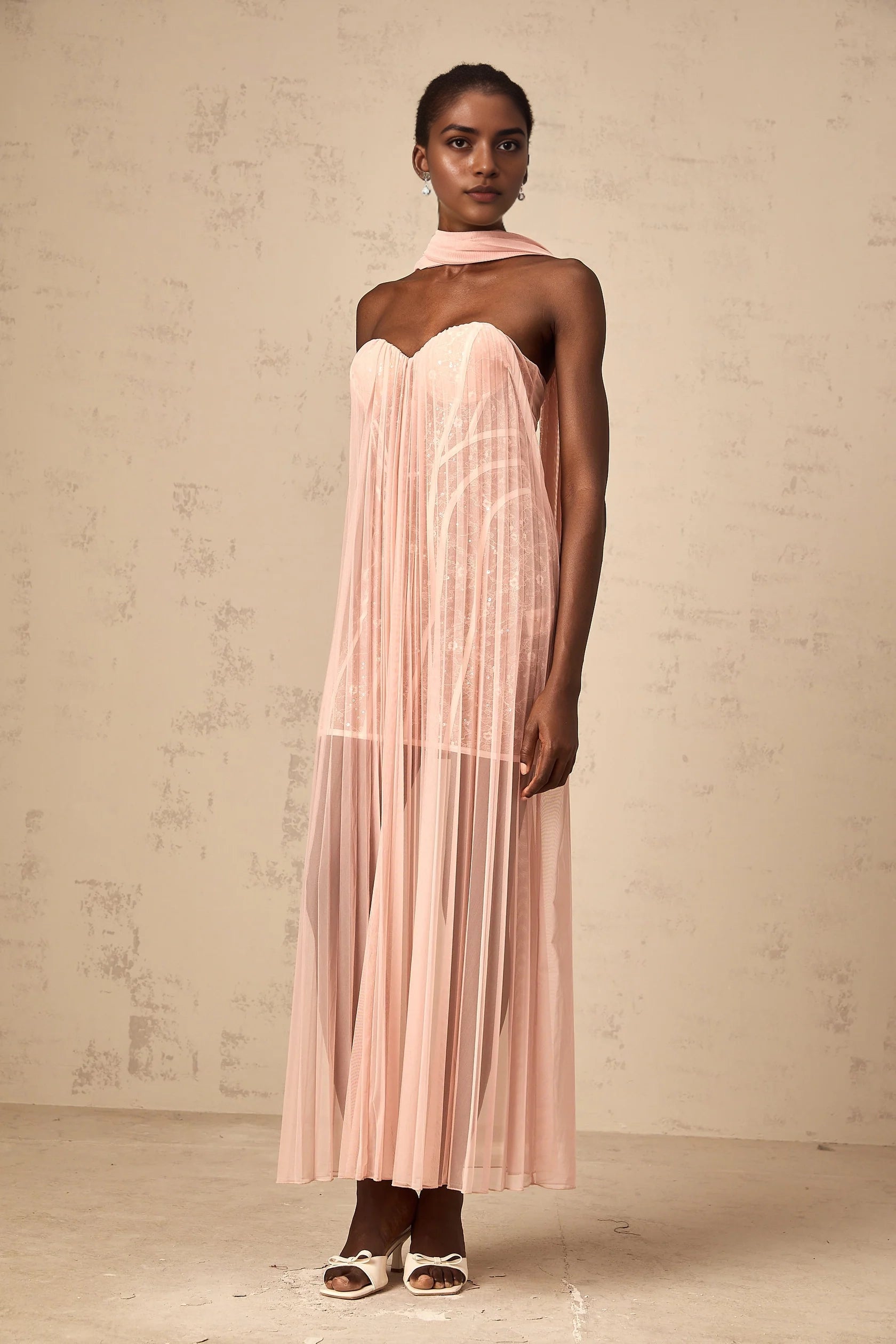 Peach Strapless Maxi Dress with Sheer Pleated Detail Monique ribbon-design pleated tulle maxi dress in Pink Evening Dress