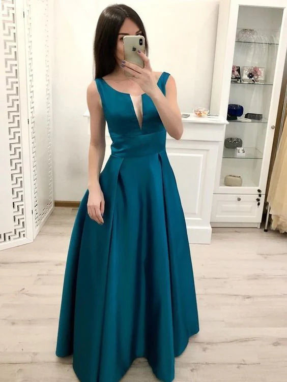 Peacock Blue Satin Dress Sleeveless Square Collar Carefully Machine Deep V Hollow