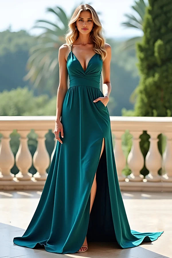 Peacock Green A Line Long Prom Dress with Slit simple gentle atmospheric and unique desi Bring summer colors to enhance whiteness