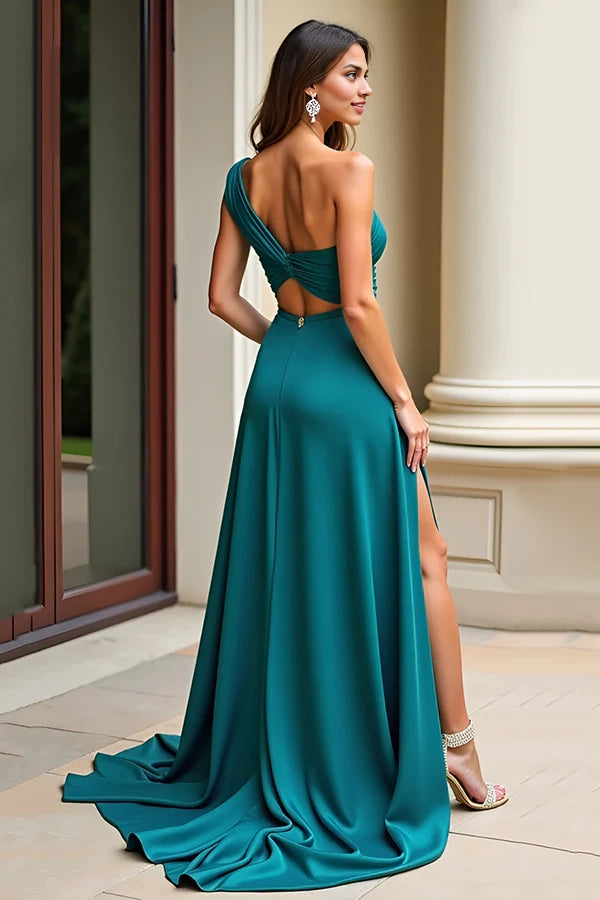 Peacock Green A Line One Shoulder Ruched Long Prom Dress With Slit simple gentle atmospheric and unique desi Bring summer colors to enhance whiteness