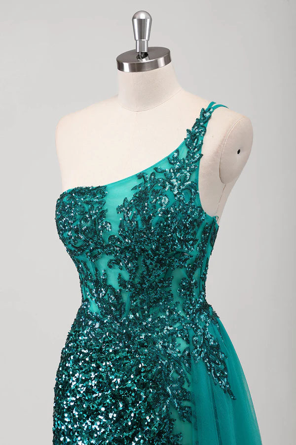 Peacock Green Mermaid One Shoulder Corset Sequins Long Prom Dress with Slit simple gentle atmospheric and unique desi