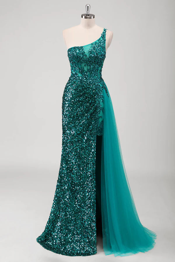 Peacock Green Mermaid One Shoulder Corset Sequins Long Prom Dress with Slit simple gentle atmospheric and unique desi