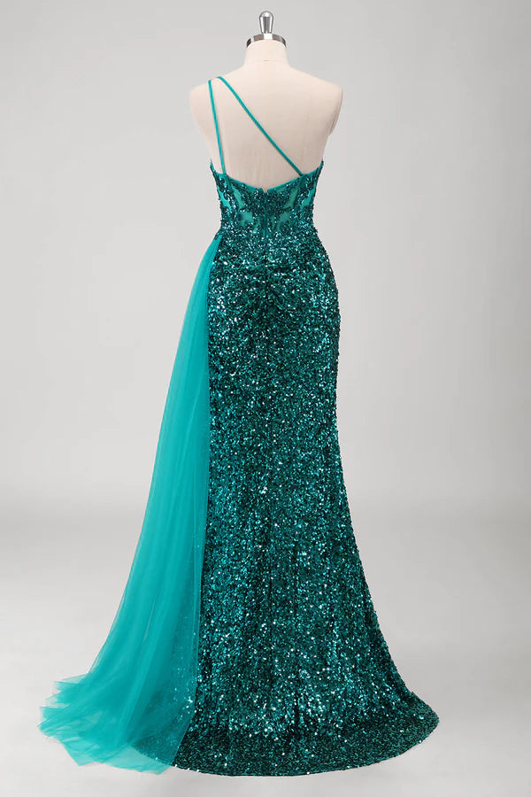 Peacock Green Mermaid One Shoulder Corset Sequins Long Prom Dress with Slit simple gentle atmospheric and unique desi