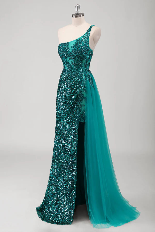 Peacock Green Mermaid One Shoulder Corset Sequins Long Prom Dress with Slit simple gentle atmospheric and unique desi