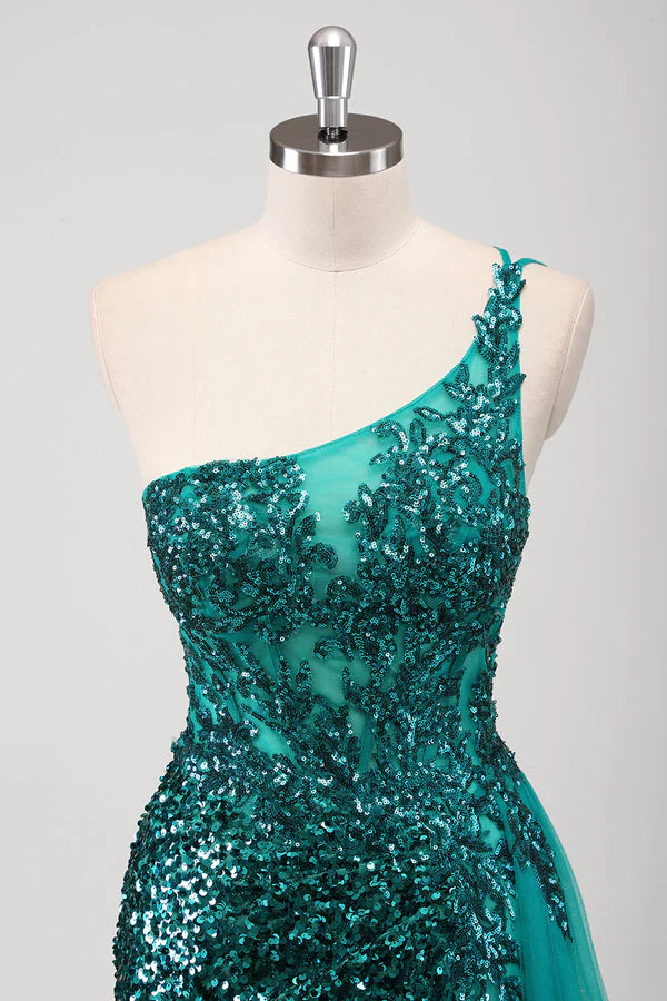 Peacock Green Mermaid One Shoulder Corset Sequins Long Prom Dress with Slit simple gentle atmospheric and unique desi