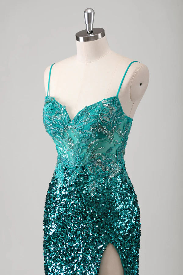 Peacock Green Mermaid Spaghetti Straps Long Prom Dress With Sequins simple gentle atmospheric and unique desi