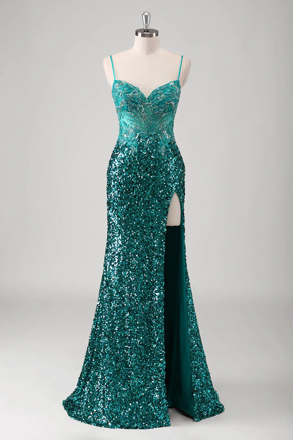 Peacock Green Mermaid Spaghetti Straps Long Prom Dress With Sequins simple gentle atmospheric and unique desi