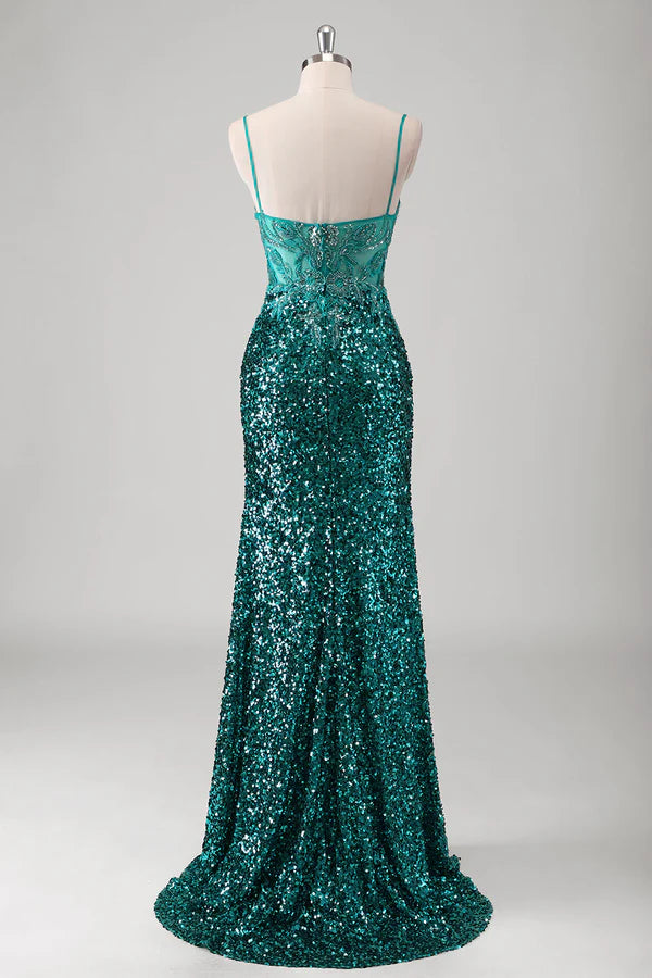 Peacock Green Mermaid Spaghetti Straps Long Prom Dress With Sequins simple gentle atmospheric and unique desi