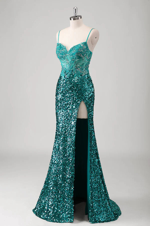 Peacock Green Mermaid Spaghetti Straps Long Prom Dress With Sequins simple gentle atmospheric and unique desi