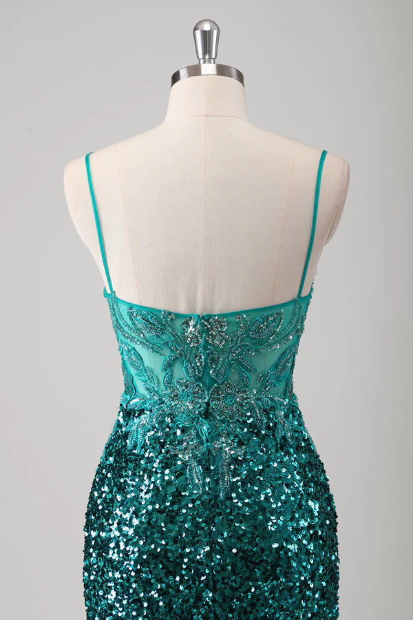 Peacock Green Mermaid Spaghetti Straps Long Prom Dress With Sequins simple gentle atmospheric and unique desi