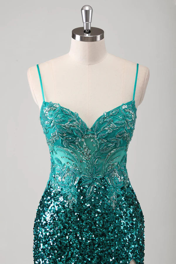Peacock Green Mermaid Spaghetti Straps Long Prom Dress With Sequins simple gentle atmospheric and unique desi