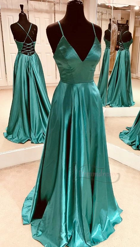 Peacock green satin dress with deep V-neck straps and cross straps at the back, suitable for occasions such as dinners and dances