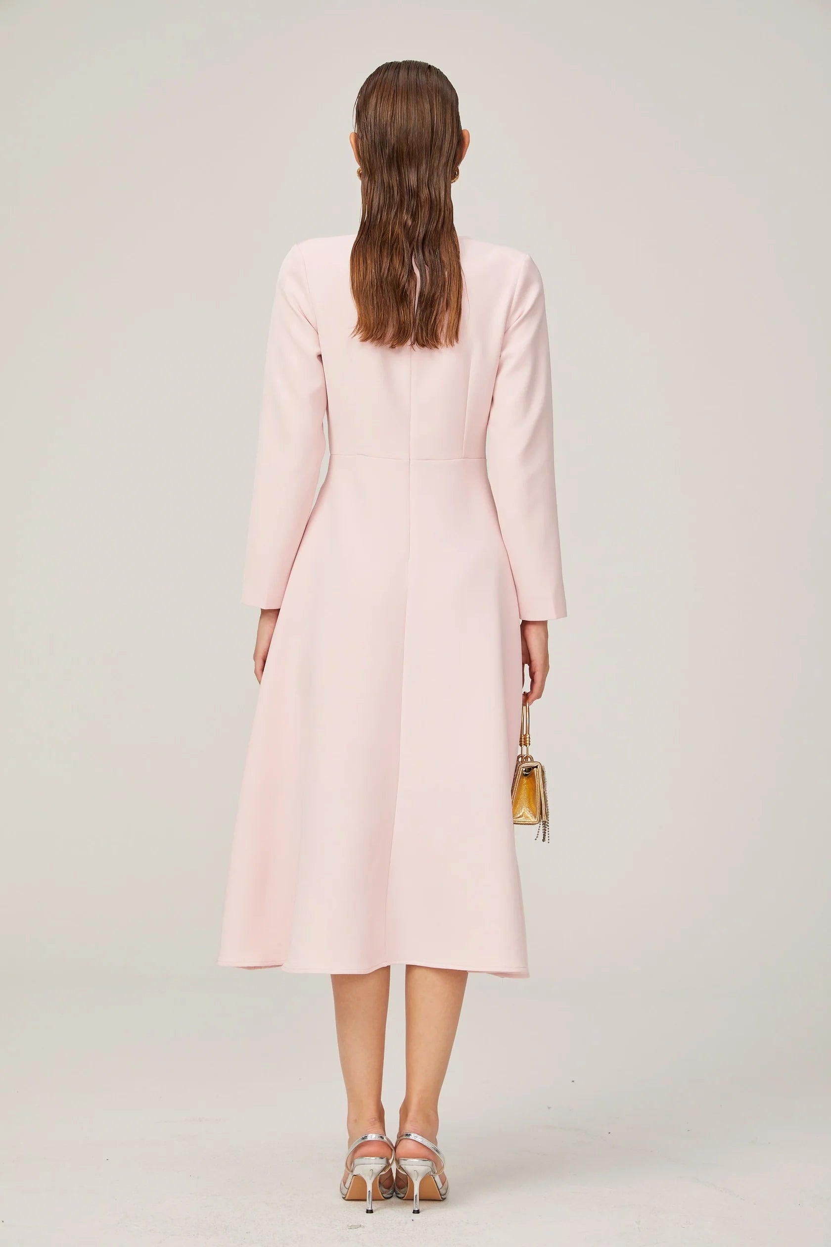 Pink Bow - Accent Long Sleeve Midi Dress pink bow-detail split-neck midi dress Evening Dress