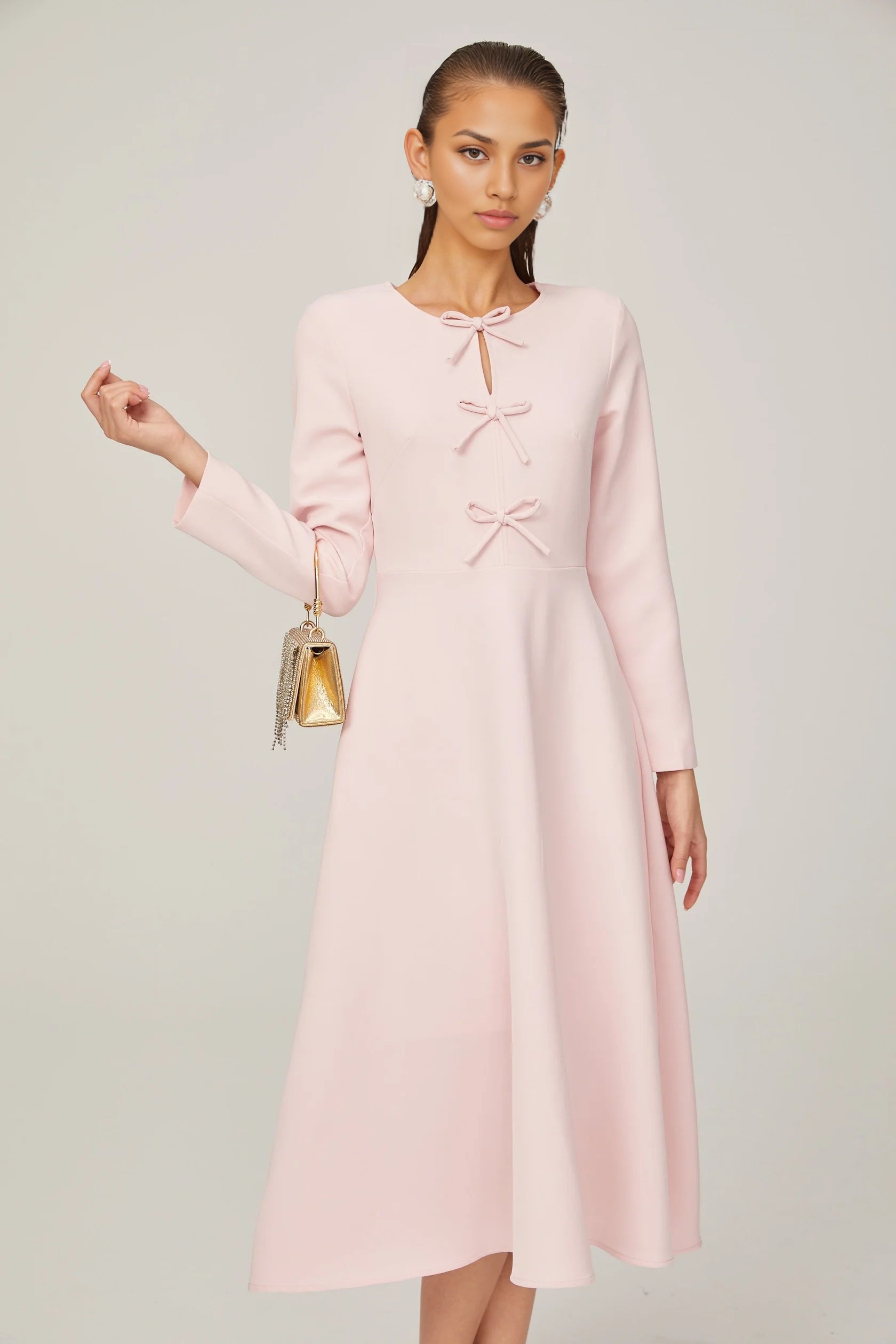 Pink Bow - Accent Long Sleeve Midi Dress pink bow-detail split-neck midi dress Evening Dress