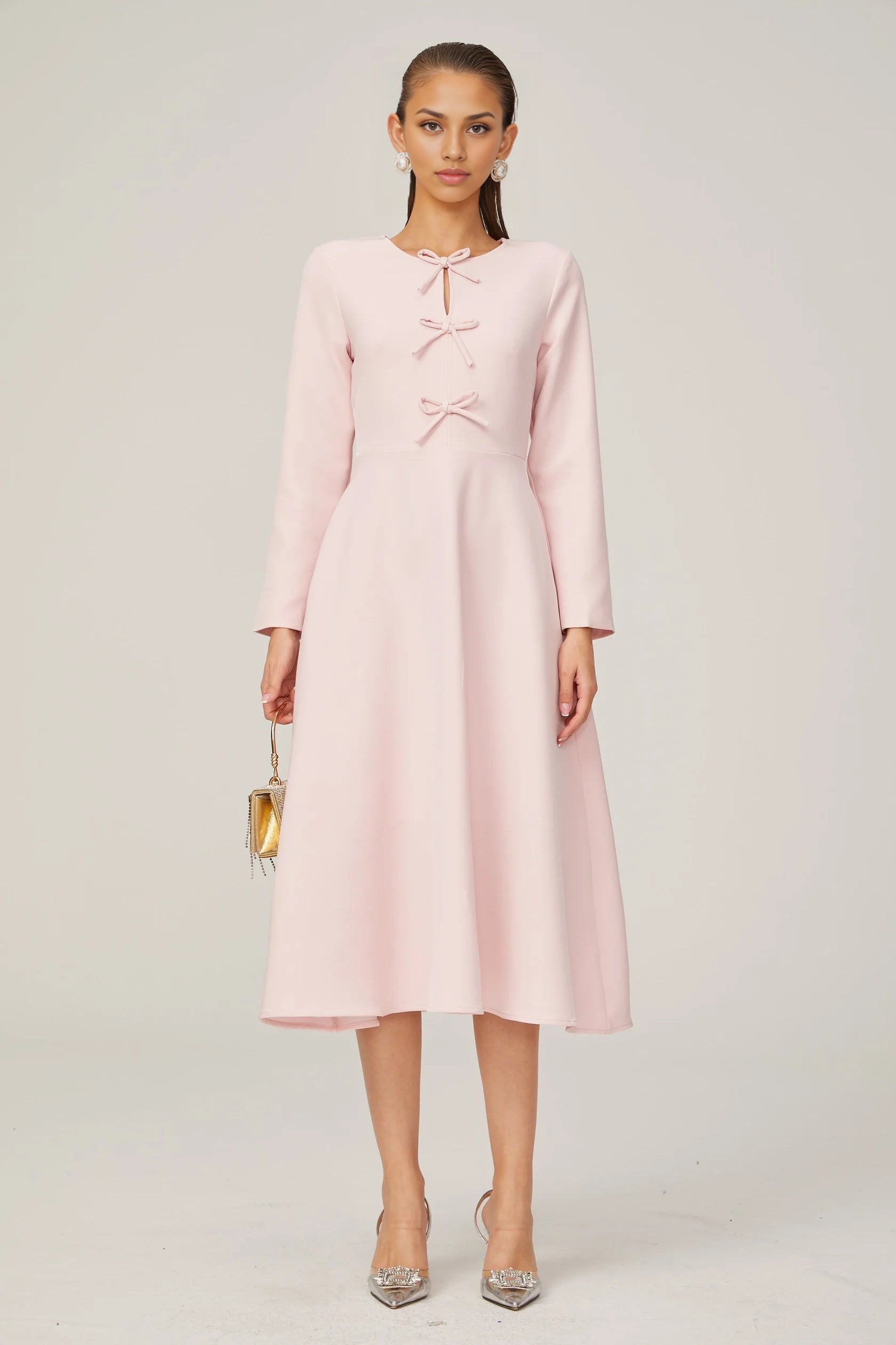 Pink Bow - Accent Long Sleeve Midi Dress pink bow-detail split-neck midi dress Evening Dress