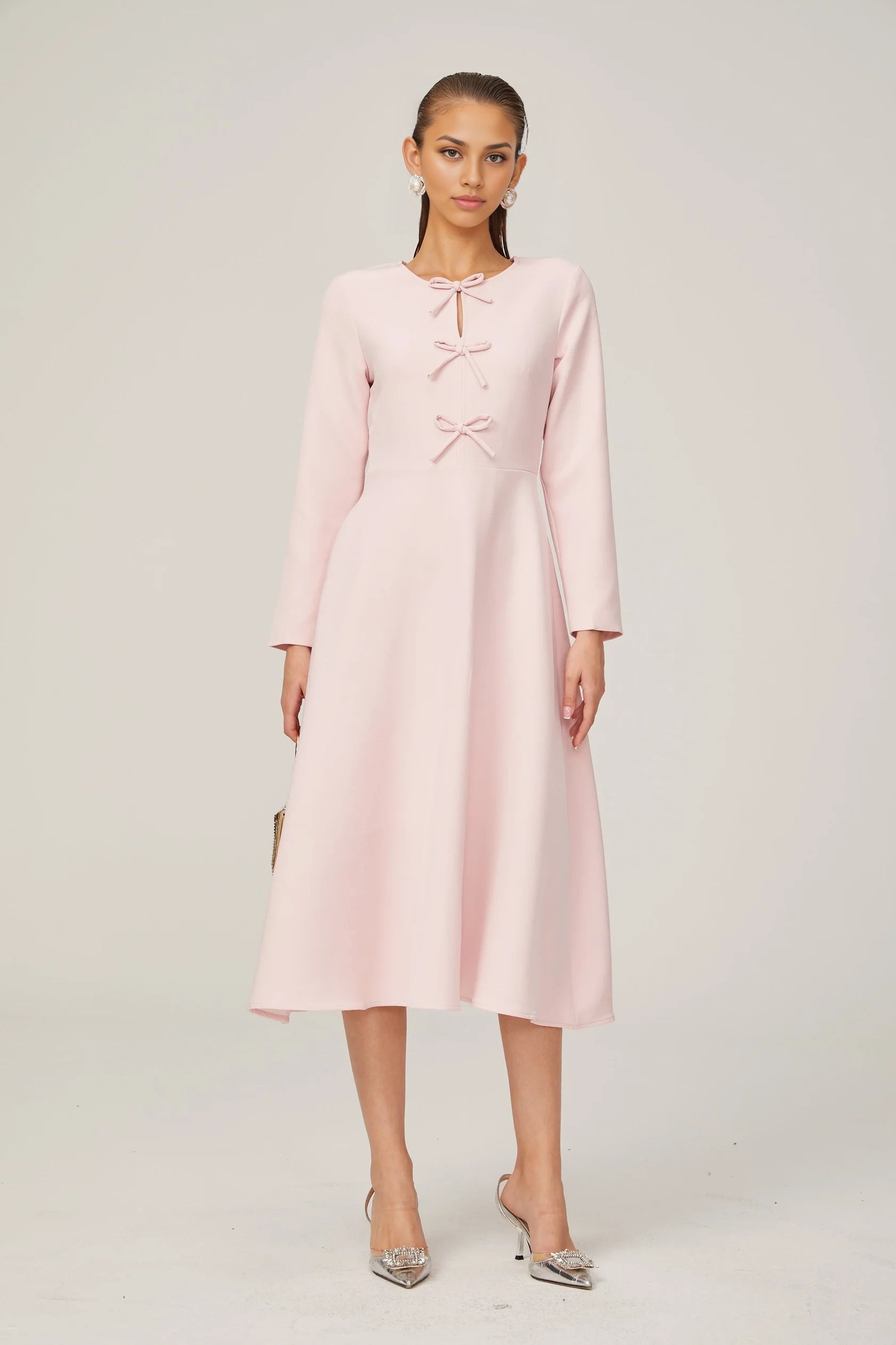 Pink Bow - Accent Long Sleeve Midi Dress pink bow-detail split-neck midi dress Evening Dress