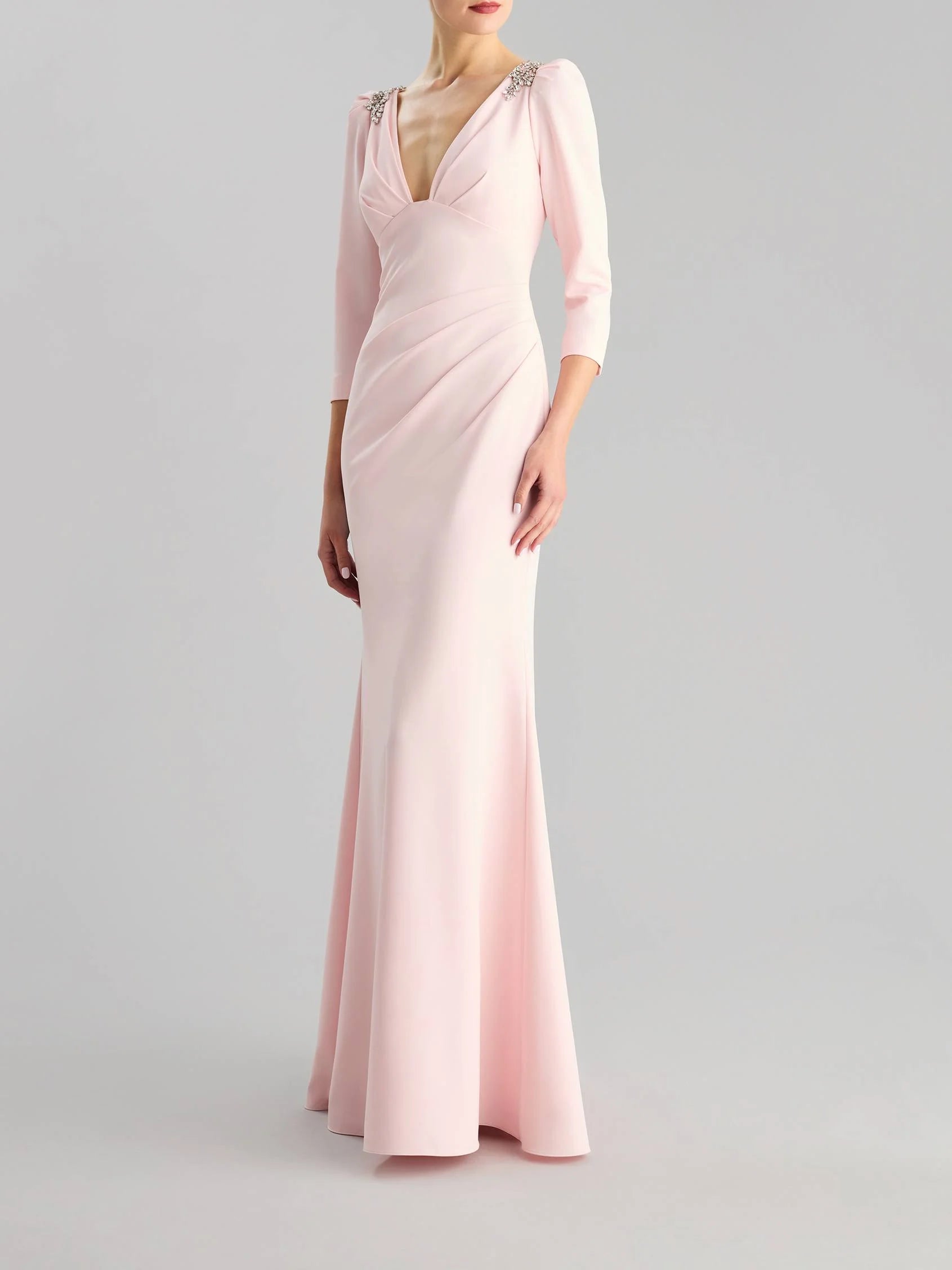 Pink Deep V-Neck Maxi Dress with Crystal Shoulder Detail Fit & flare party dress with a V neckline and three-quarter-length sleeves Mother of the Bride Dresses