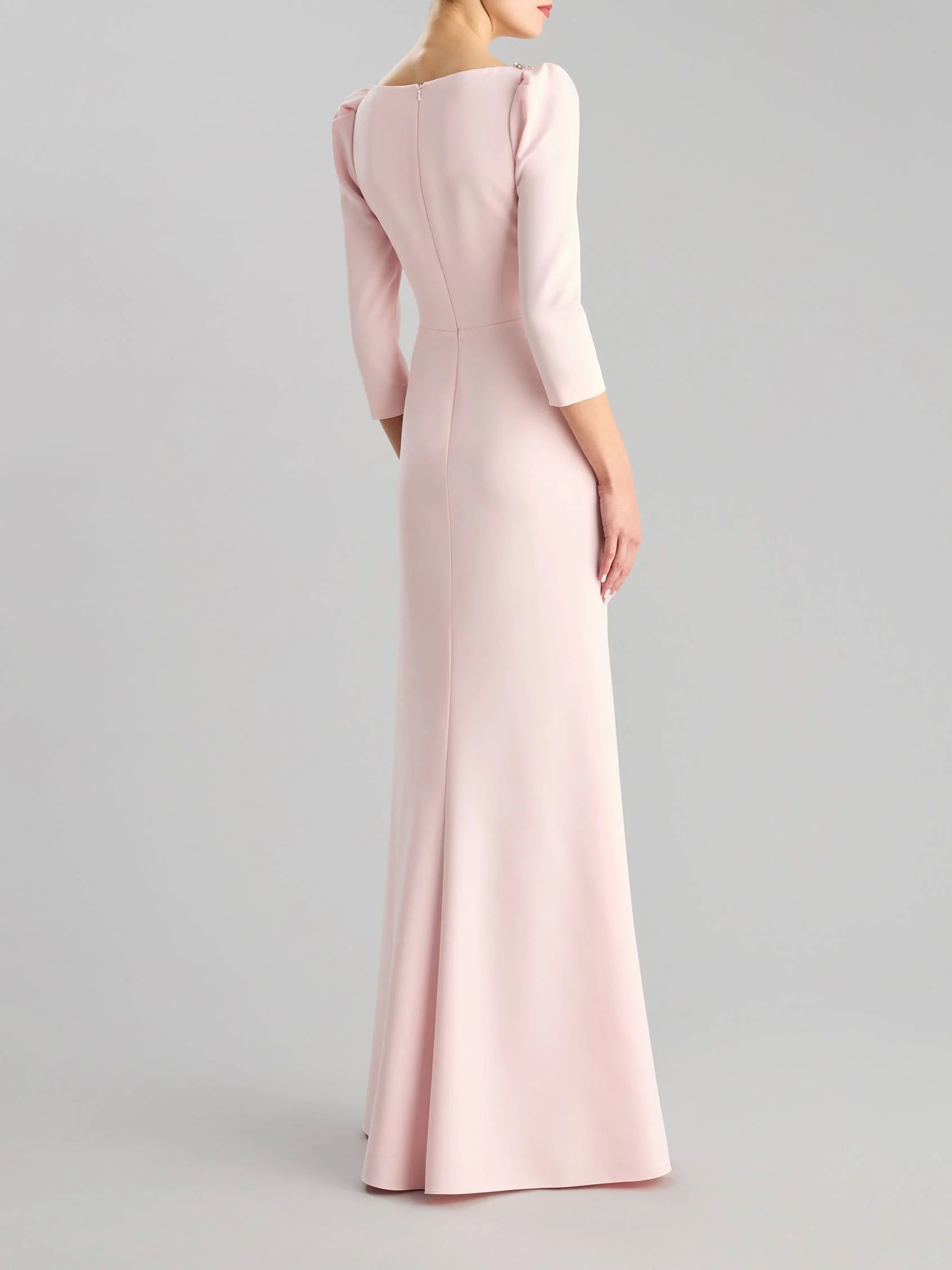 Pink Deep V-Neck Maxi Dress with Crystal Shoulder Detail Fit & flare party dress with a V neckline and three-quarter-length sleeves Mother of the Bride Dresses