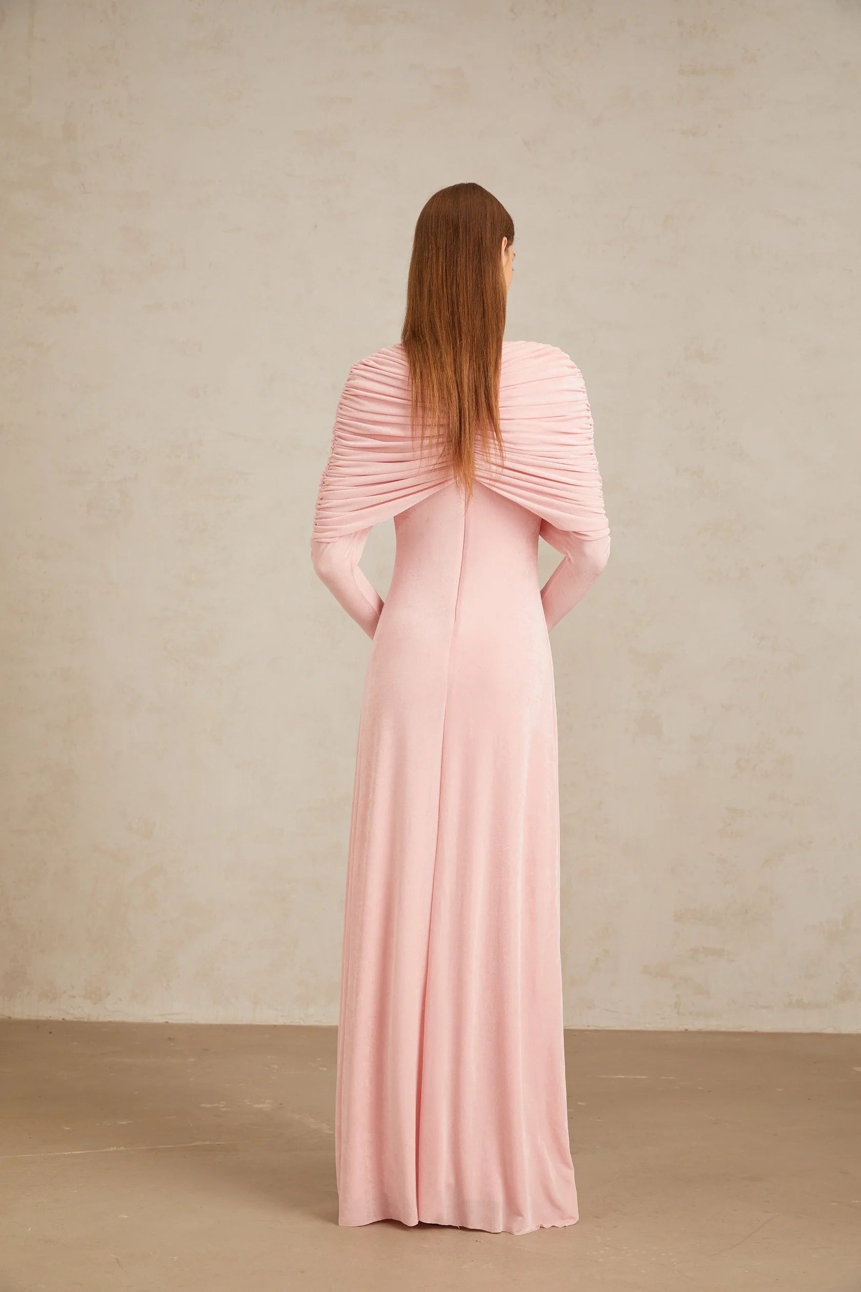 Pink Draped Knot - Front Long - Sleeve Maxi Dress Moderne Pink Shawl Panel Ruched Maxi Dress Evening Dress