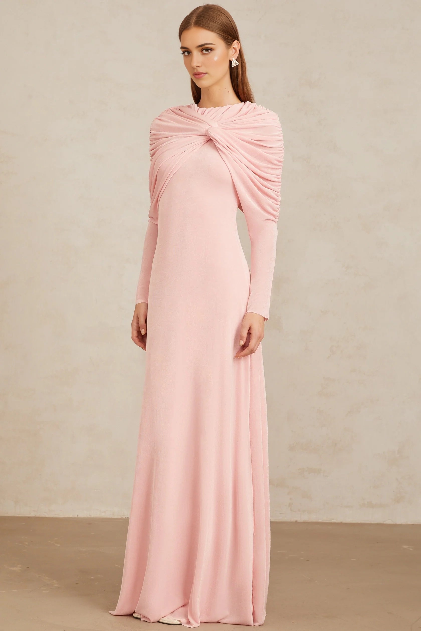Pink Draped Knot - Front Long - Sleeve Maxi Dress Moderne Pink Shawl Panel Ruched Maxi Dress Evening Dress