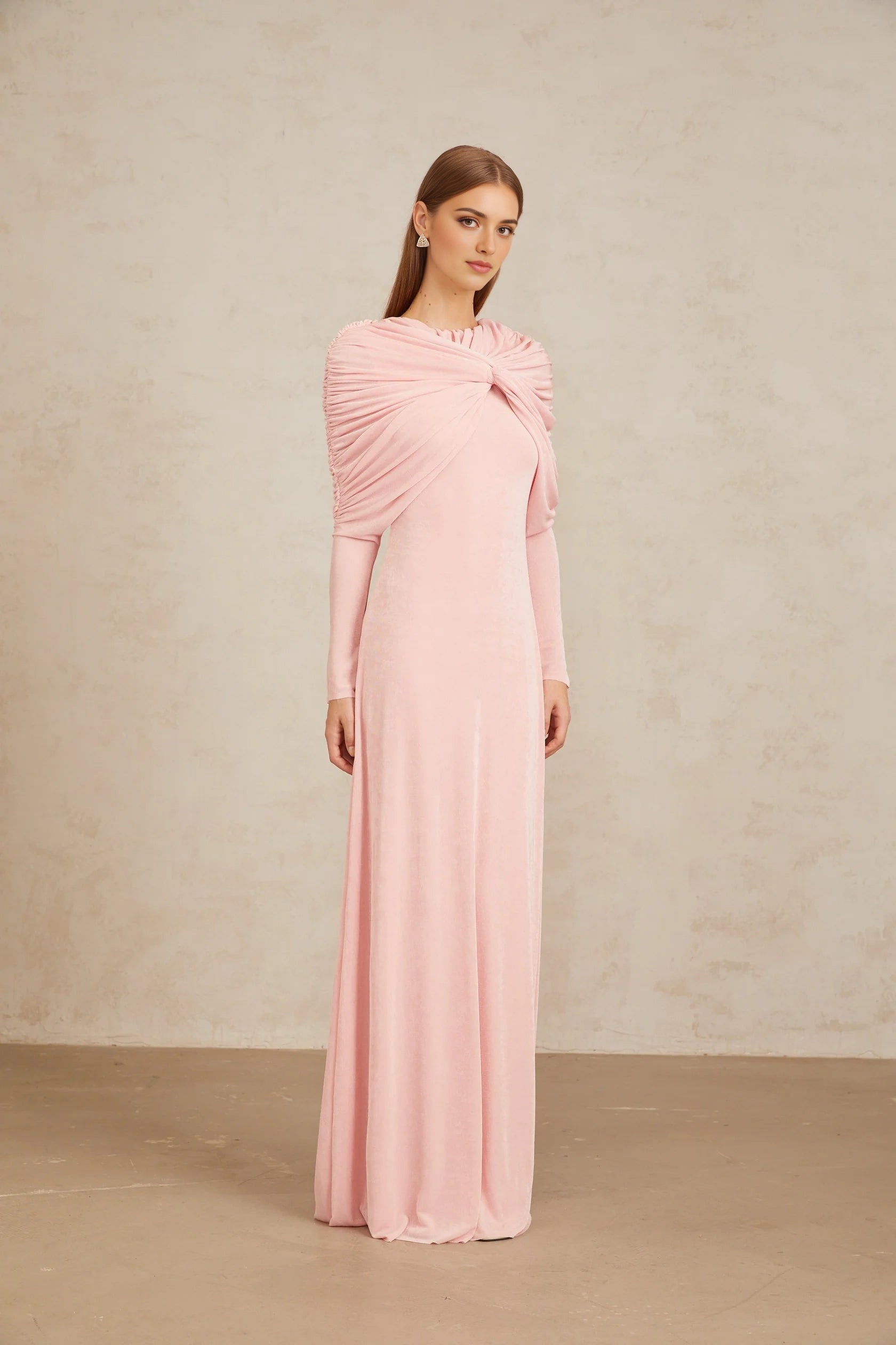 Pink Draped Knot - Front Long - Sleeve Maxi Dress Moderne Pink Shawl Panel Ruched Maxi Dress Evening Dress
