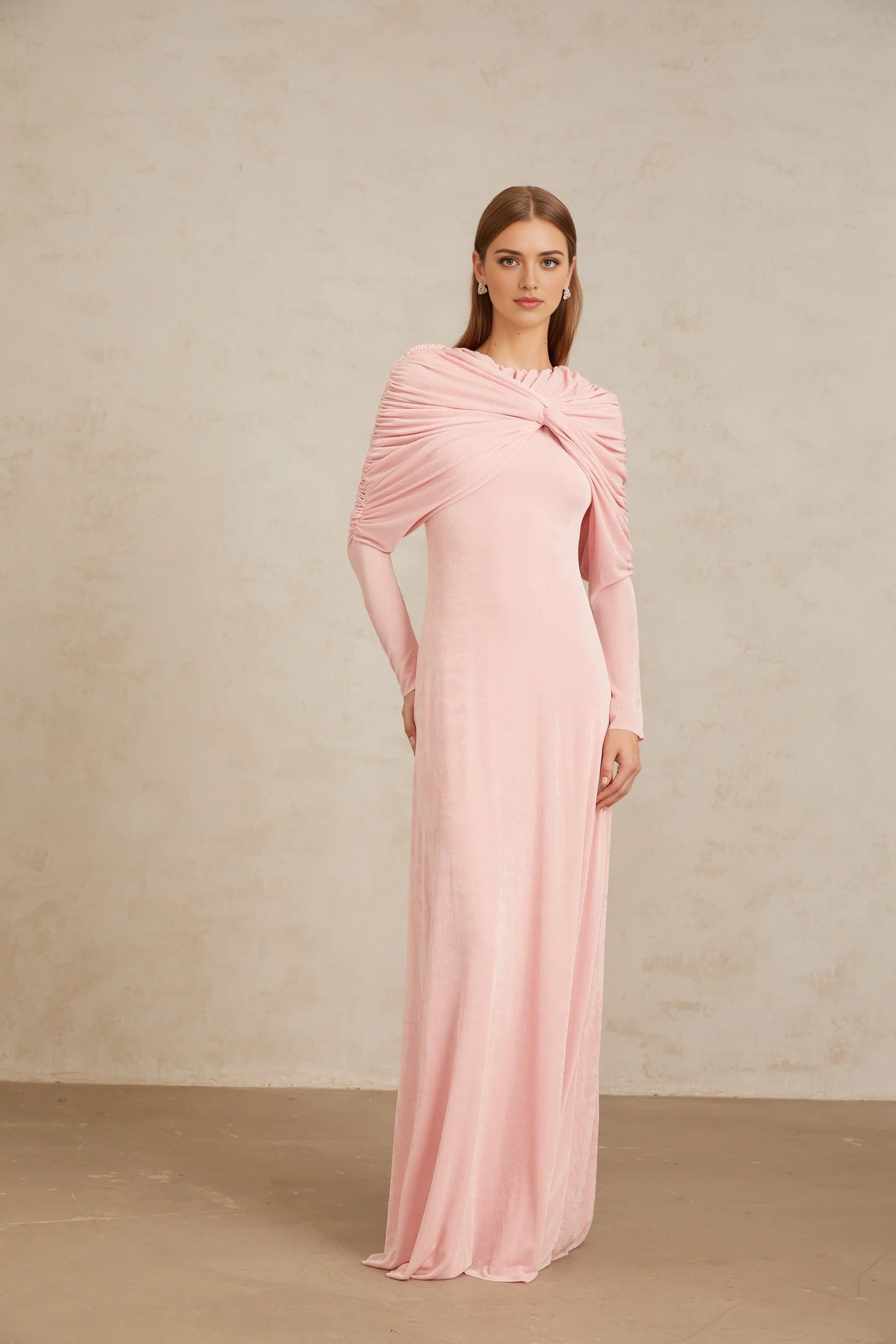 Pink Draped Knot - Front Long - Sleeve Maxi Dress Moderne Pink Shawl Panel Ruched Maxi Dress Evening Dress