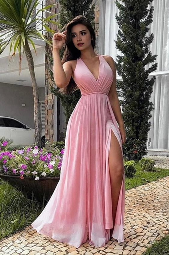 Pink Halter Neck Chiffon Maxi Dress with High Slit Fashion V-Neck Pink Chiffon Side Slite Prom Dress Custom Made Long A-Line Formal Evening Dress Party Dresses