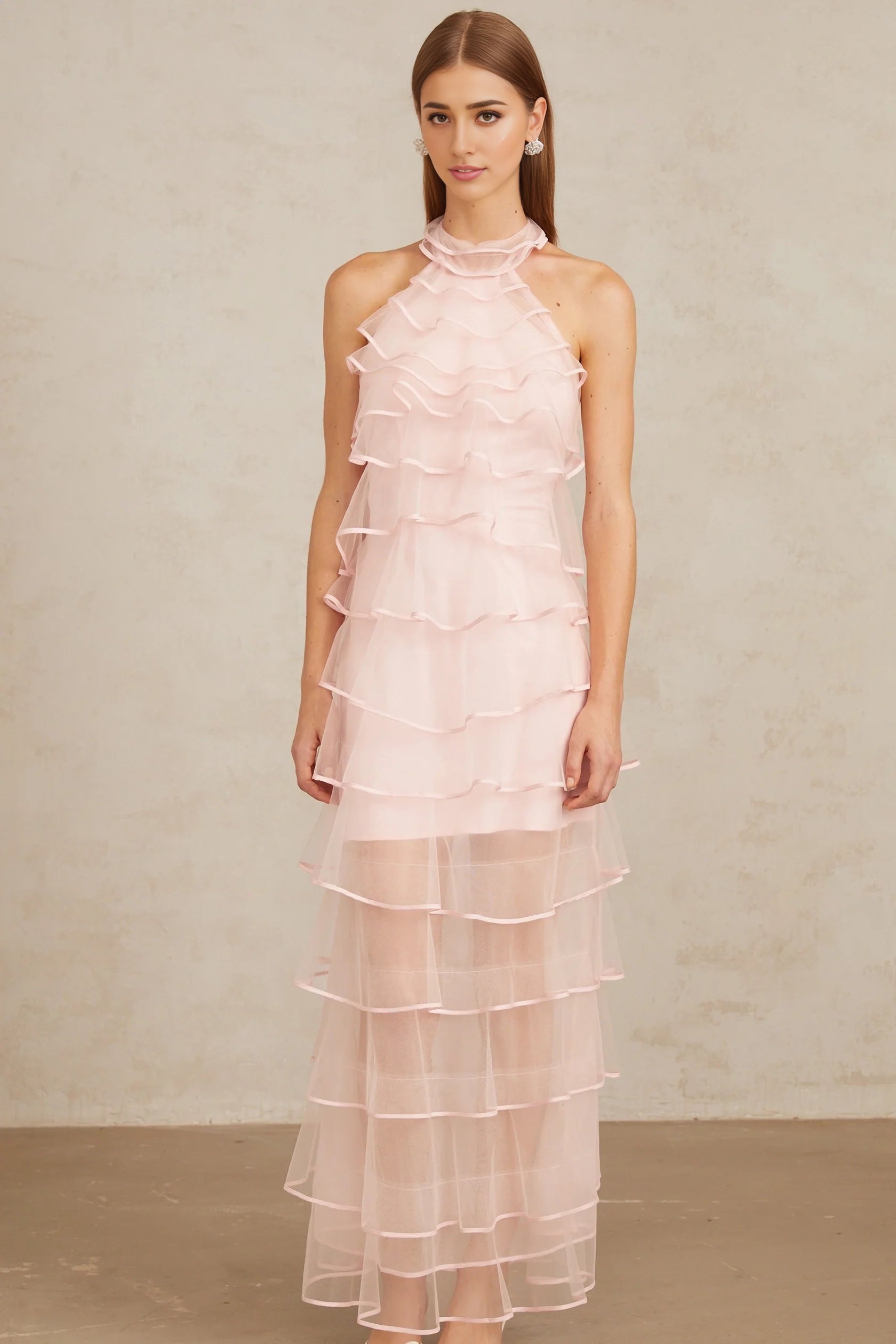 Pink Halter Neck Ruffled Tulle Maxi Dress Nonchalante Pink Tiered Halterneck Maxi Dress Evening Dress