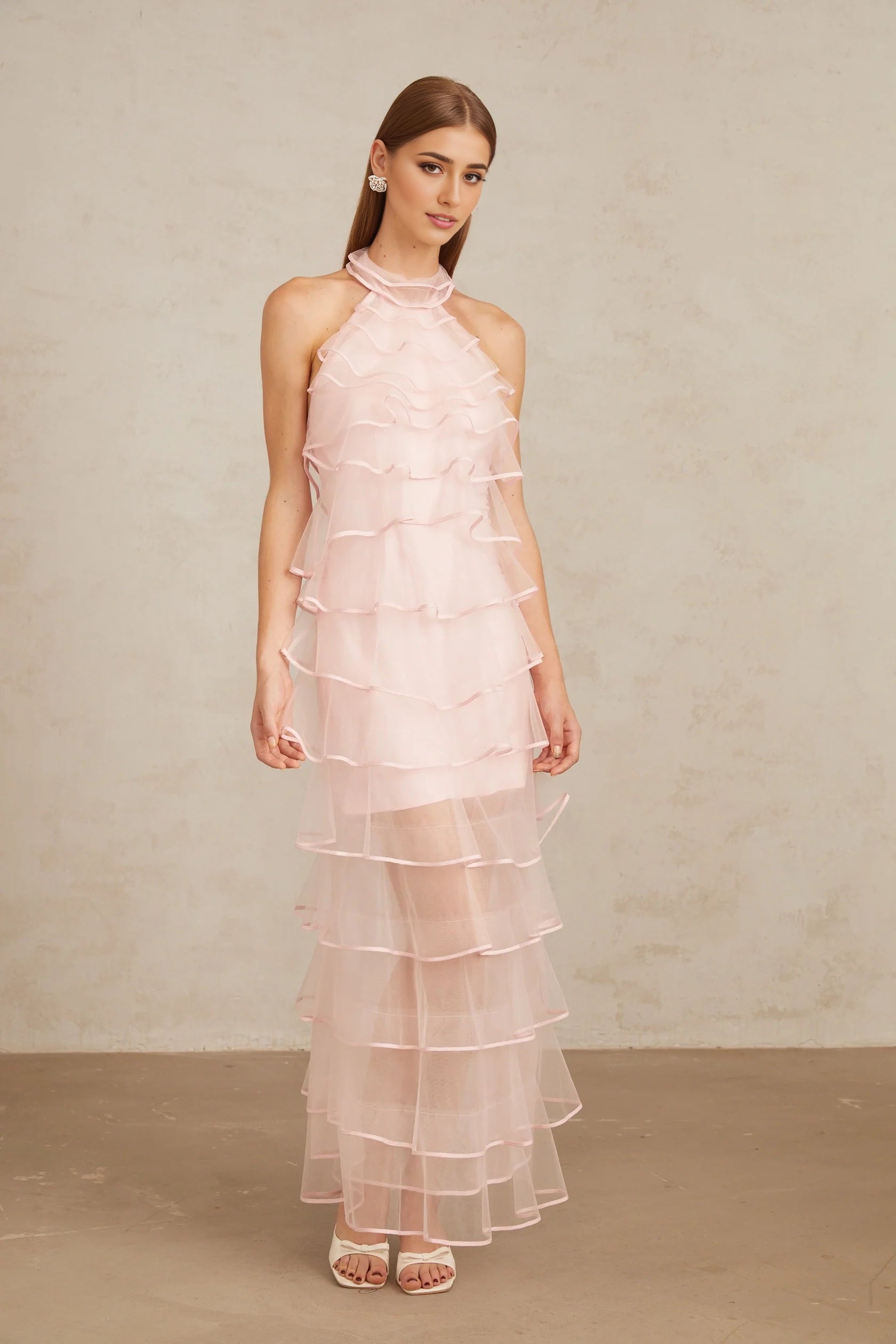 Pink Halter Neck Ruffled Tulle Maxi Dress Nonchalante Pink Tiered Halterneck Maxi Dress Evening Dress