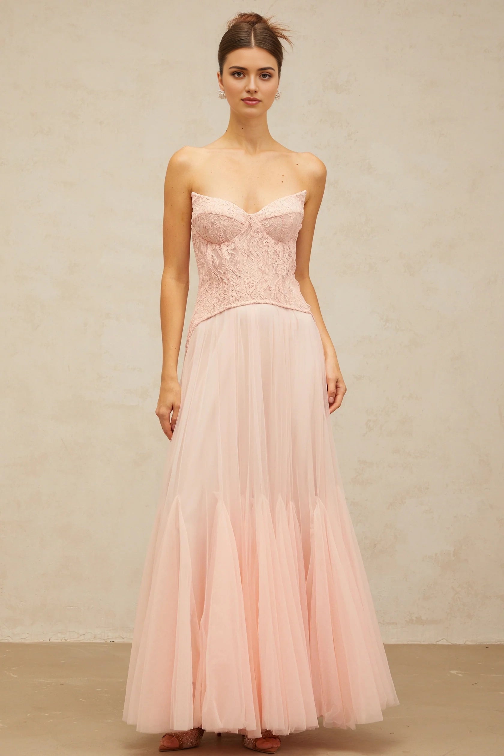 Pink Lace Strapless Tulle Maxi Dress Ulrique pink lace corset tulle maxi dress Evening Dress