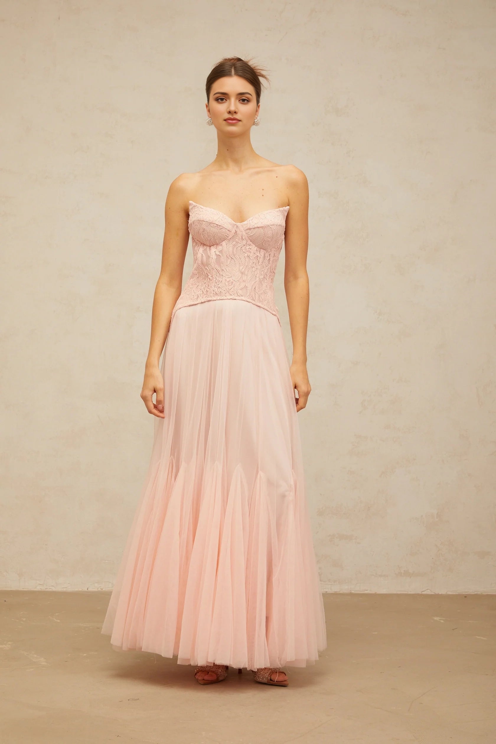 Pink Lace Strapless Tulle Maxi Dress Ulrique pink lace corset tulle maxi dress Evening Dress
