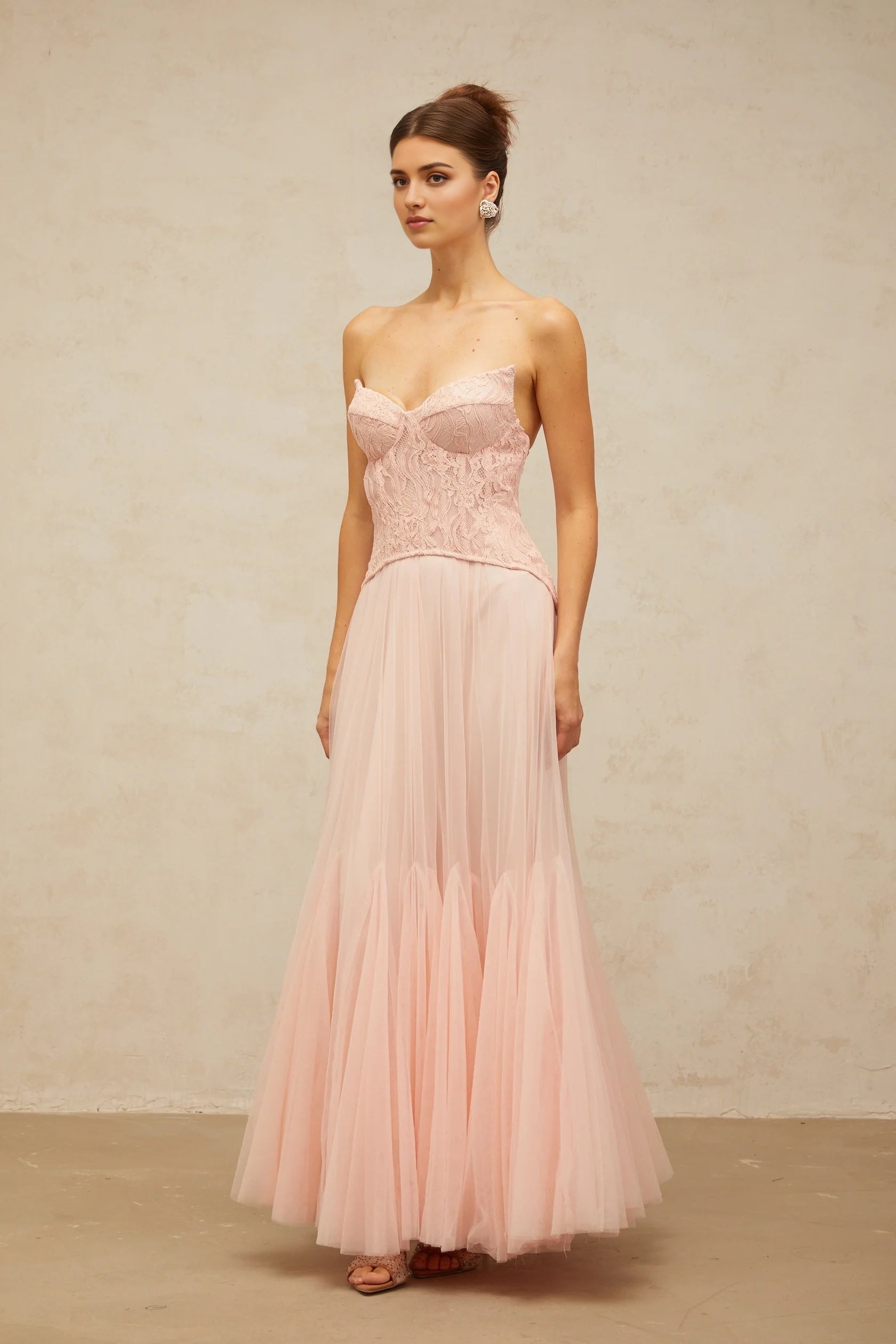 Pink Lace Strapless Tulle Maxi Dress Ulrique pink lace corset tulle maxi dress Evening Dress