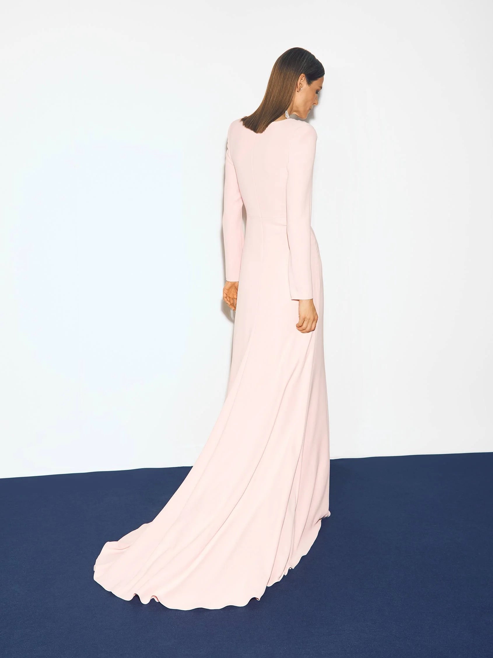 Pink Long Sleeve Ruffle Maxi Dress with Slit Mermaid crepe party dress Mother of the Bride Dresses