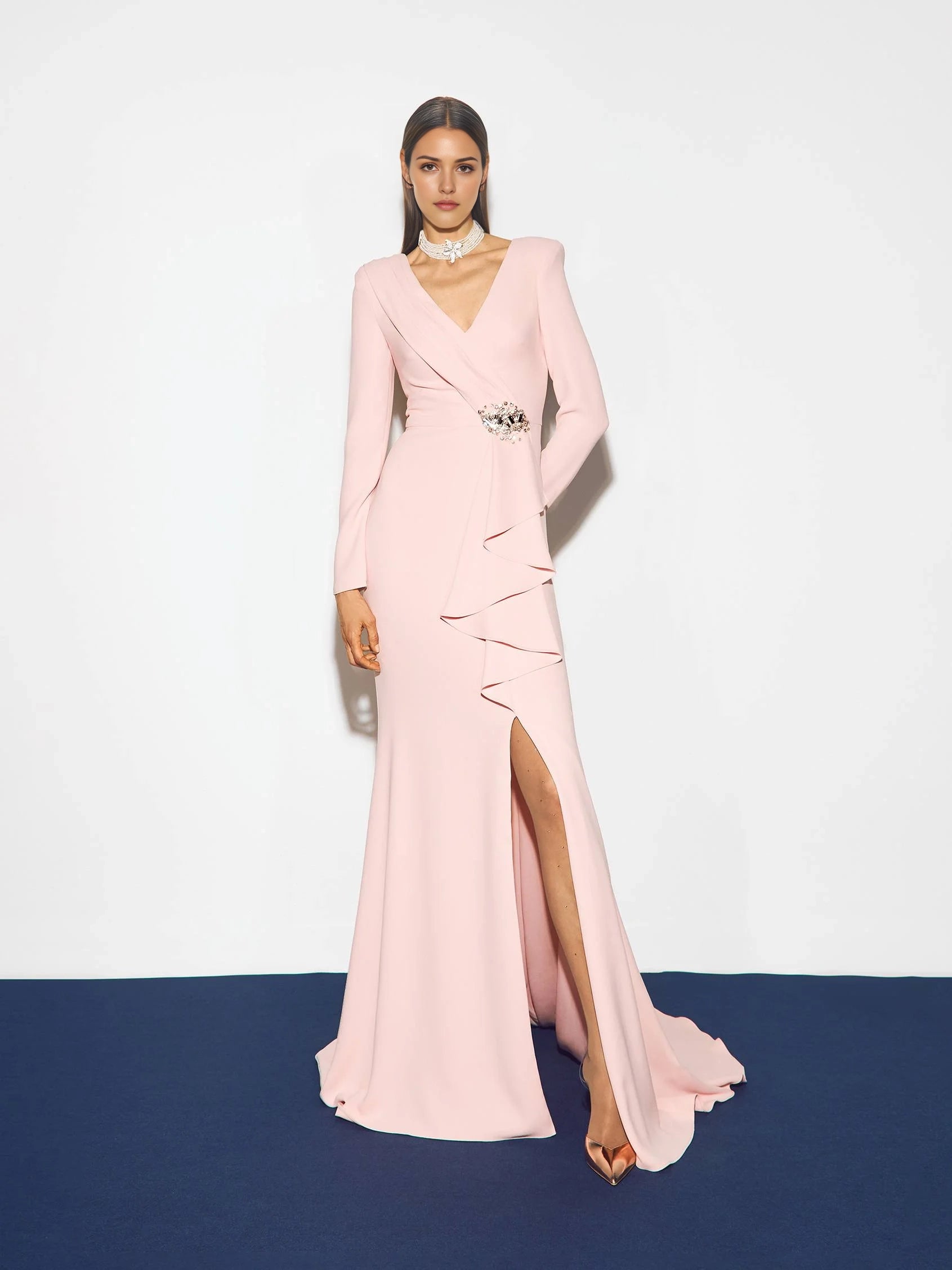 Pink Long Sleeve Ruffle Maxi Dress with Slit Mermaid crepe party dress Mother of the Bride Dresses