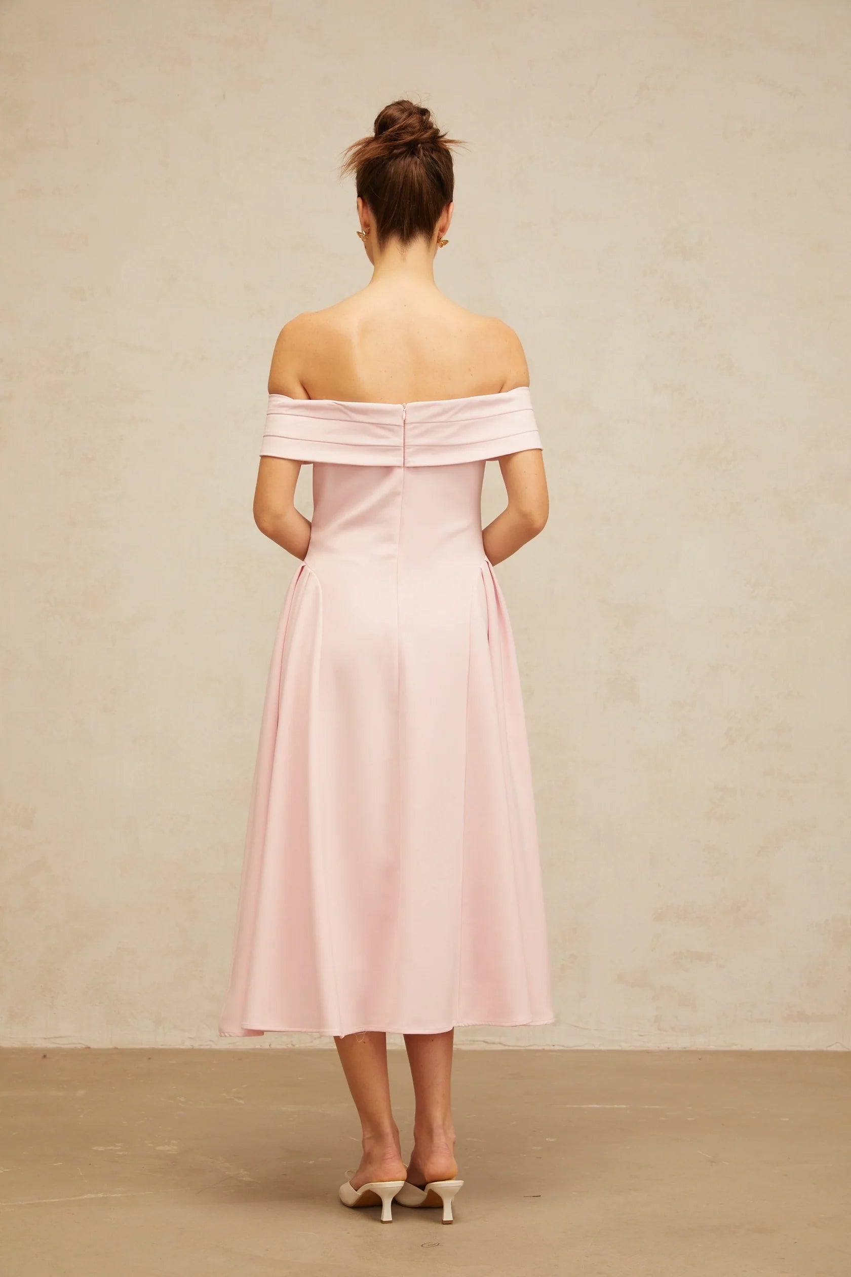 Pink Off - Shoulder Midi Dress with Pleated Detail pink off-shoulder pleated midi dress Evening Dress
