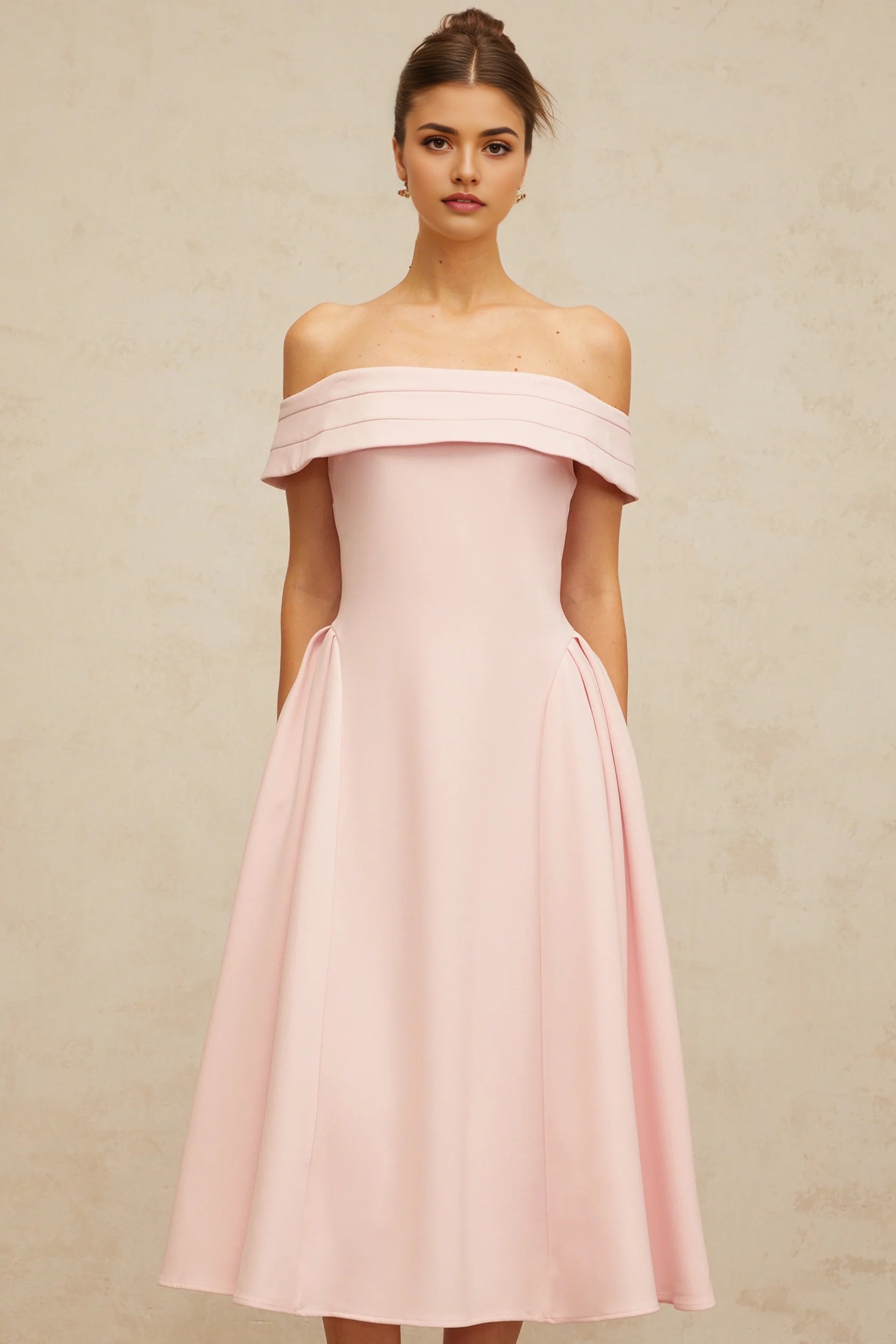 Pink Off - Shoulder Midi Dress with Pleated Detail pink off-shoulder pleated midi dress Evening Dress